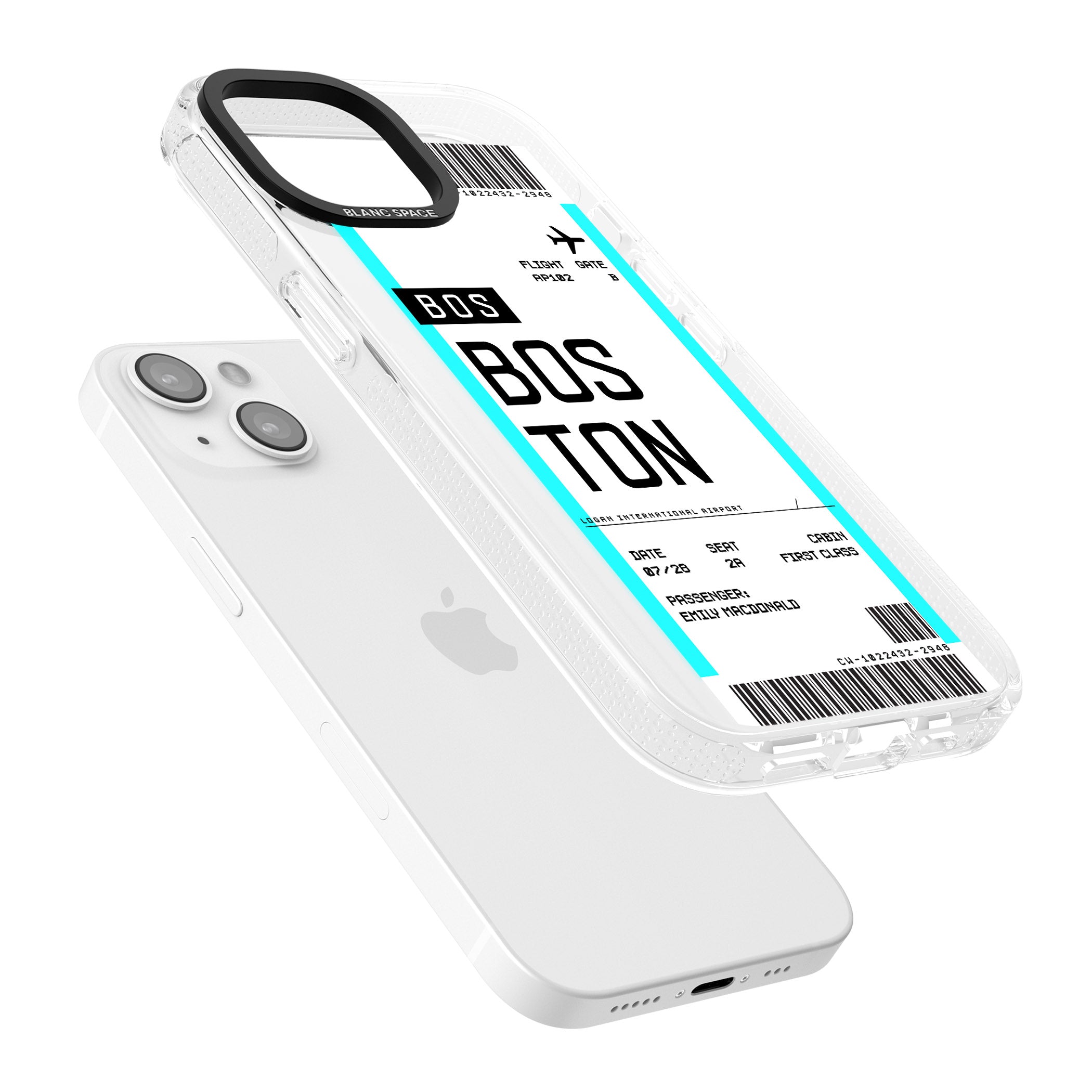 Personalised Boston Boarding Pass iPhone 15 / 14 / 13 Clear Case Impact Air - Blanc Space