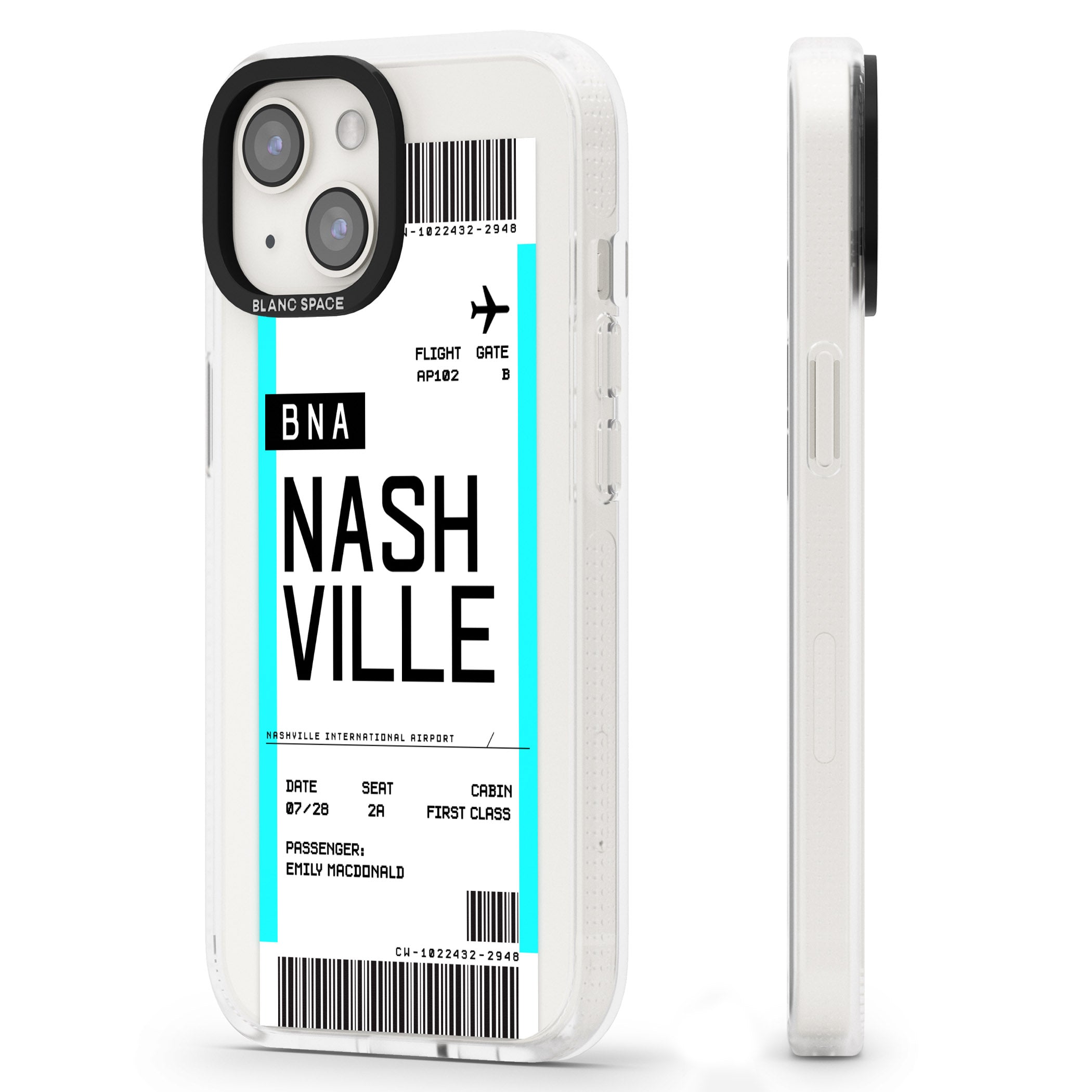 Personalised Nashville Boarding Pass iPhone 15 / 14 / 13 Clear Case Impact Air - Blanc Space