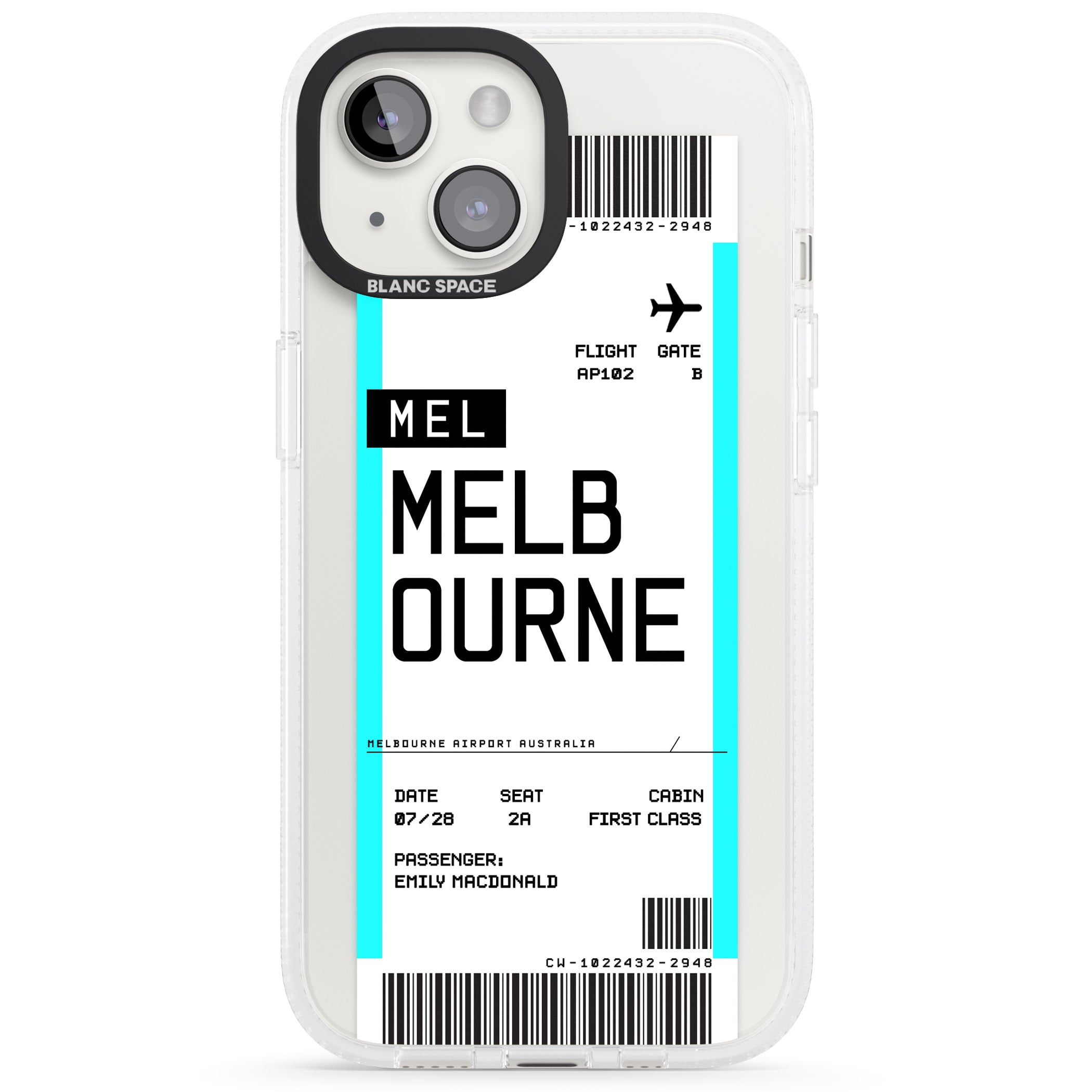 Personalised Melbourne Boarding Pass iPhone 15 / 14 / 13 Clear Case Impact Air - Blanc Space