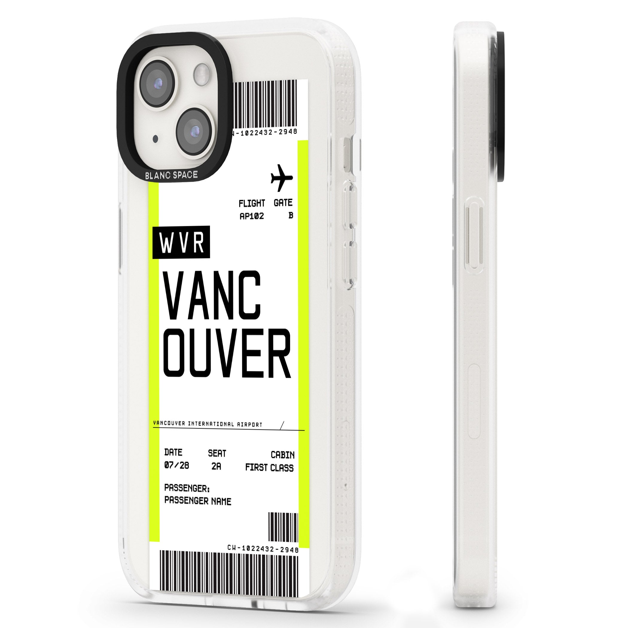 Personalised Vancouver Boarding Pass iPhone 15 / 14 / 13 Clear Case Impact Air - Blanc Space
