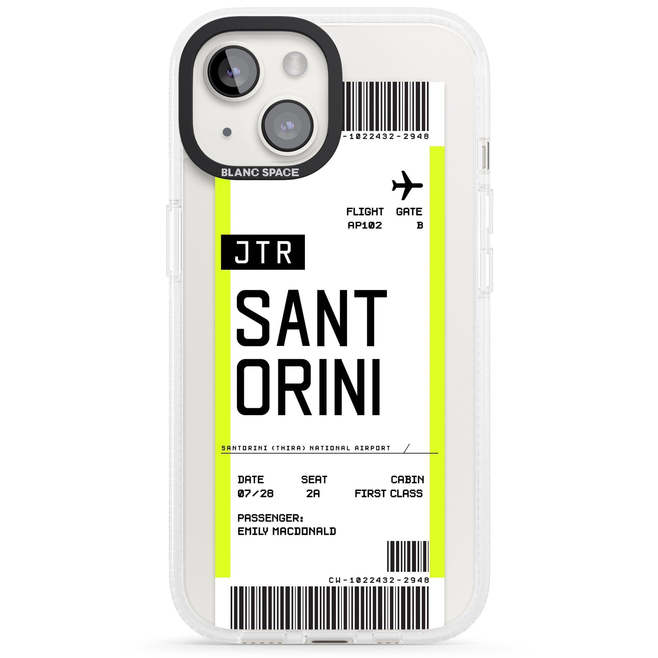 Personalised Santorini Boarding Pass iPhone 15 / 14 / 13 Clear Case Impact Air - Blanc Space