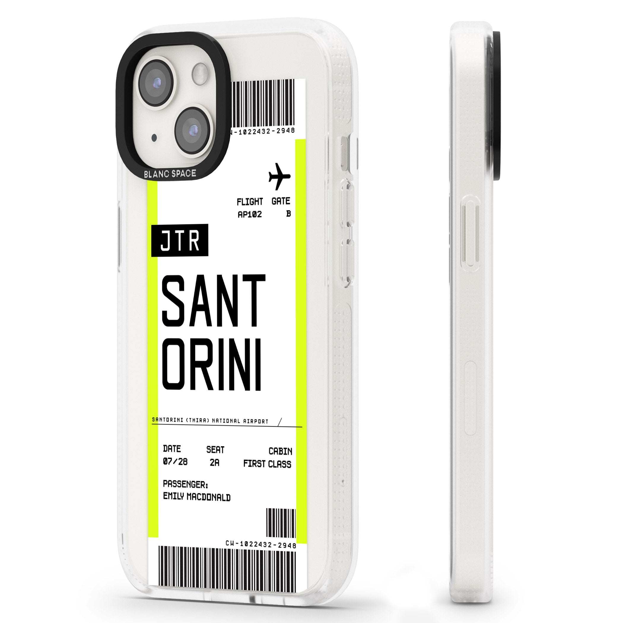 Personalised Santorini Boarding Pass iPhone 15 / 14 / 13 Clear Case Impact Air - Blanc Space