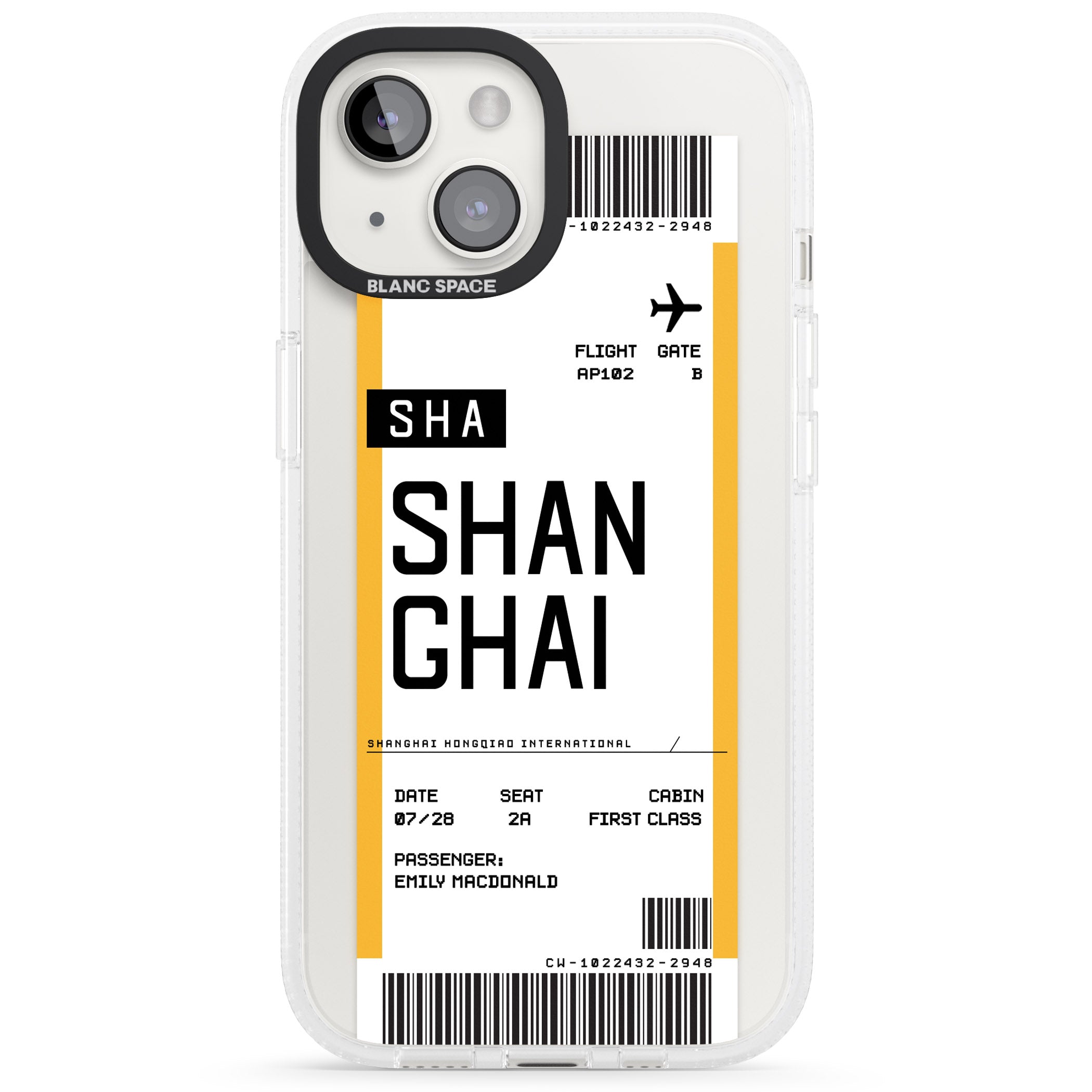 Personalised Shangai Boarding Pass iPhone 15 / 14 / 13 Clear Case Impact Air - Blanc Space