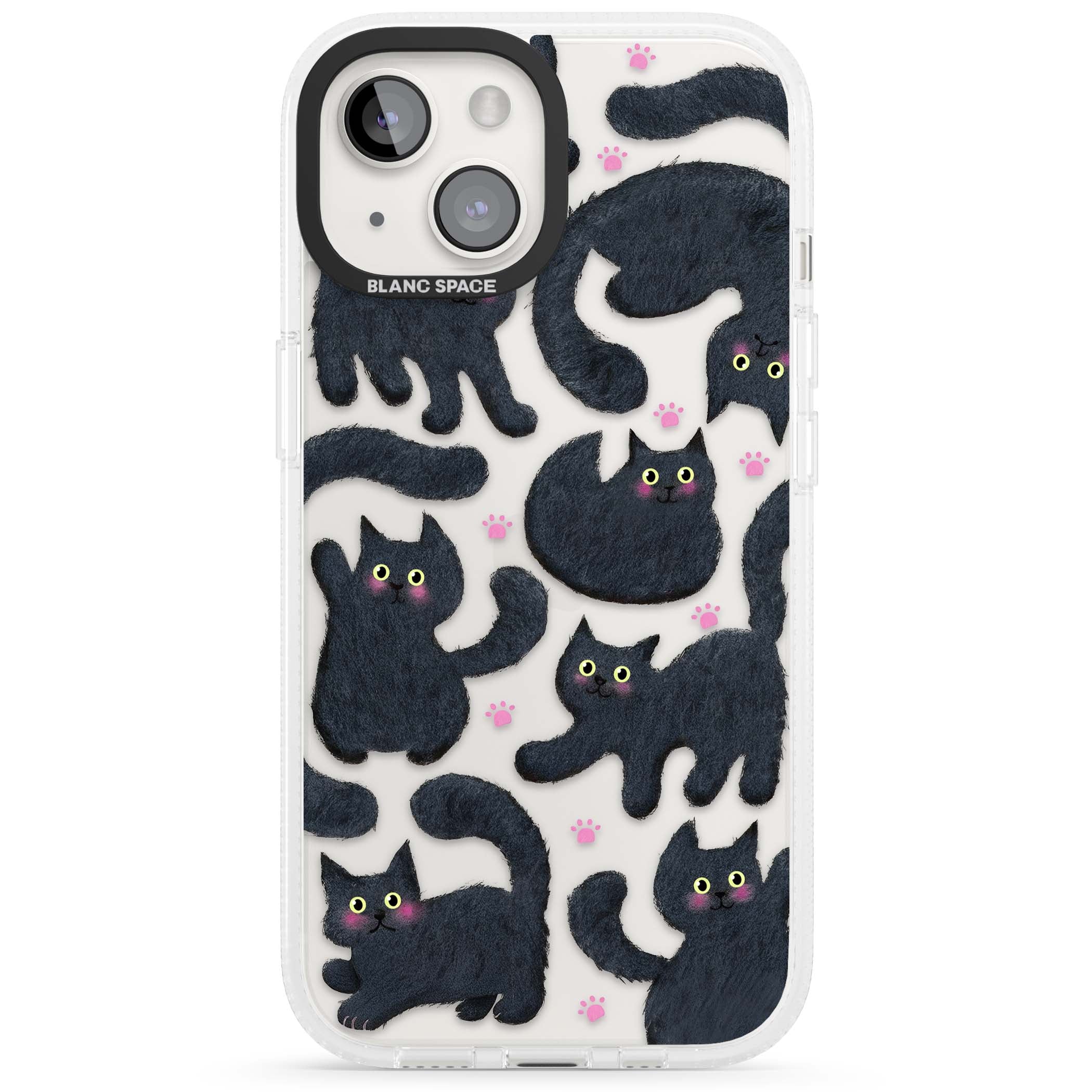 Midnight Cats cute iPhone case featuring black cat pattern with yellow eyes and pink paw prints | Clear Case Impact Air case for iPhone 15, iPhone 15 Plus