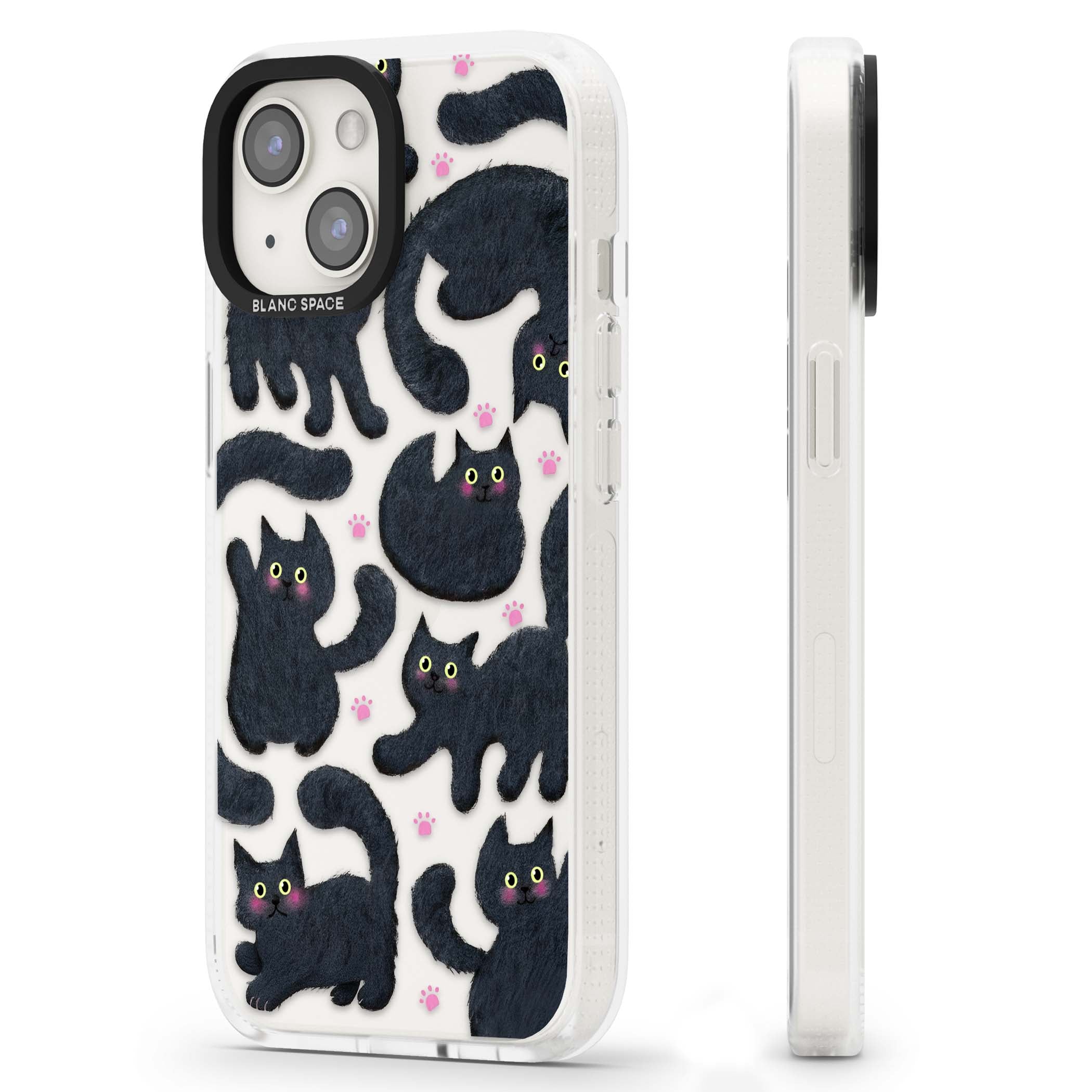 Midnight Cats cute iPhone case featuring black cat pattern with yellow eyes and pink paw prints | Clear Case Impact Air case for iPhone 15, iPhone 15 Plus