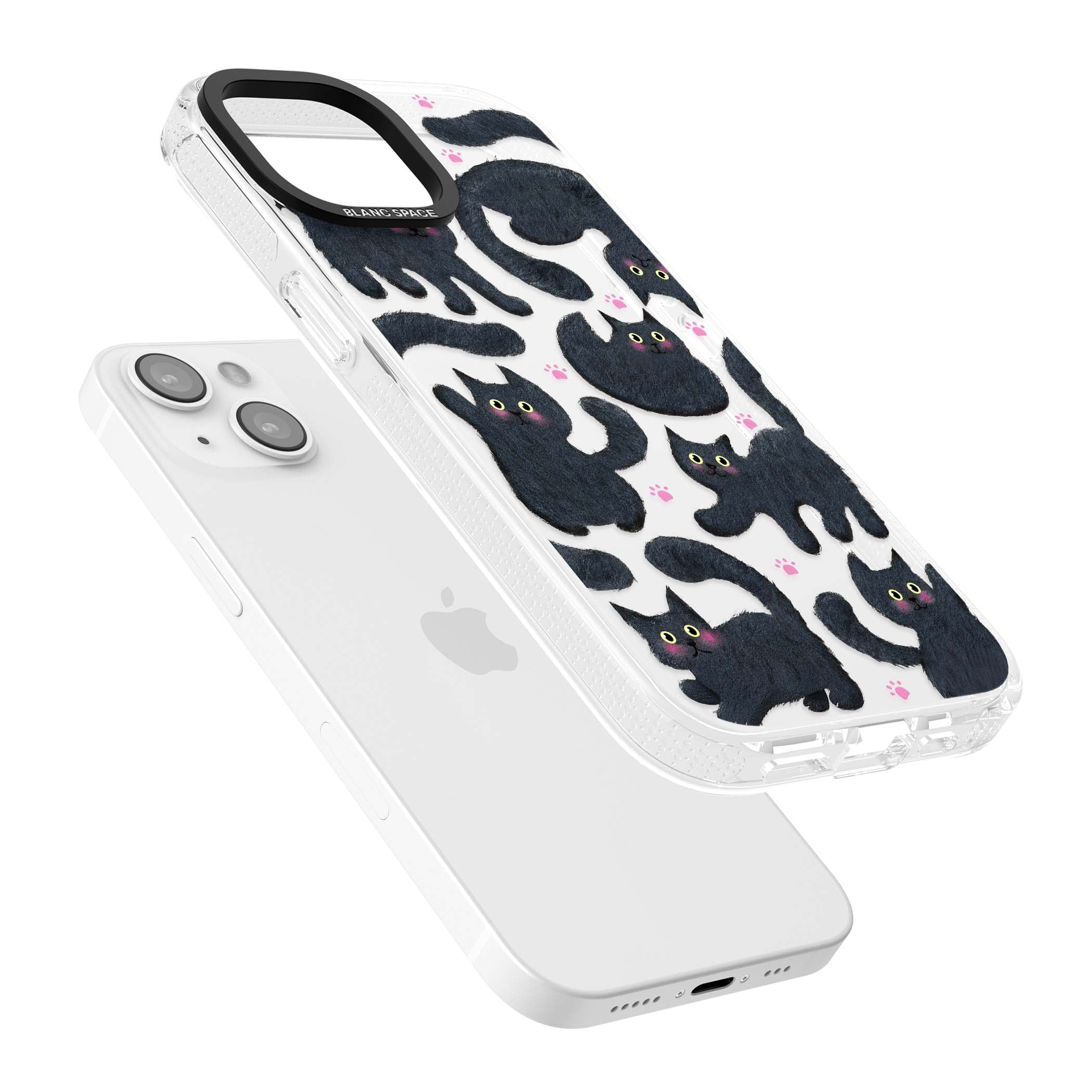 Midnight Cats cute iPhone case featuring black cat pattern with yellow eyes and pink paw prints | Clear Case Impact Air case for iPhone 15, iPhone 15 Plus