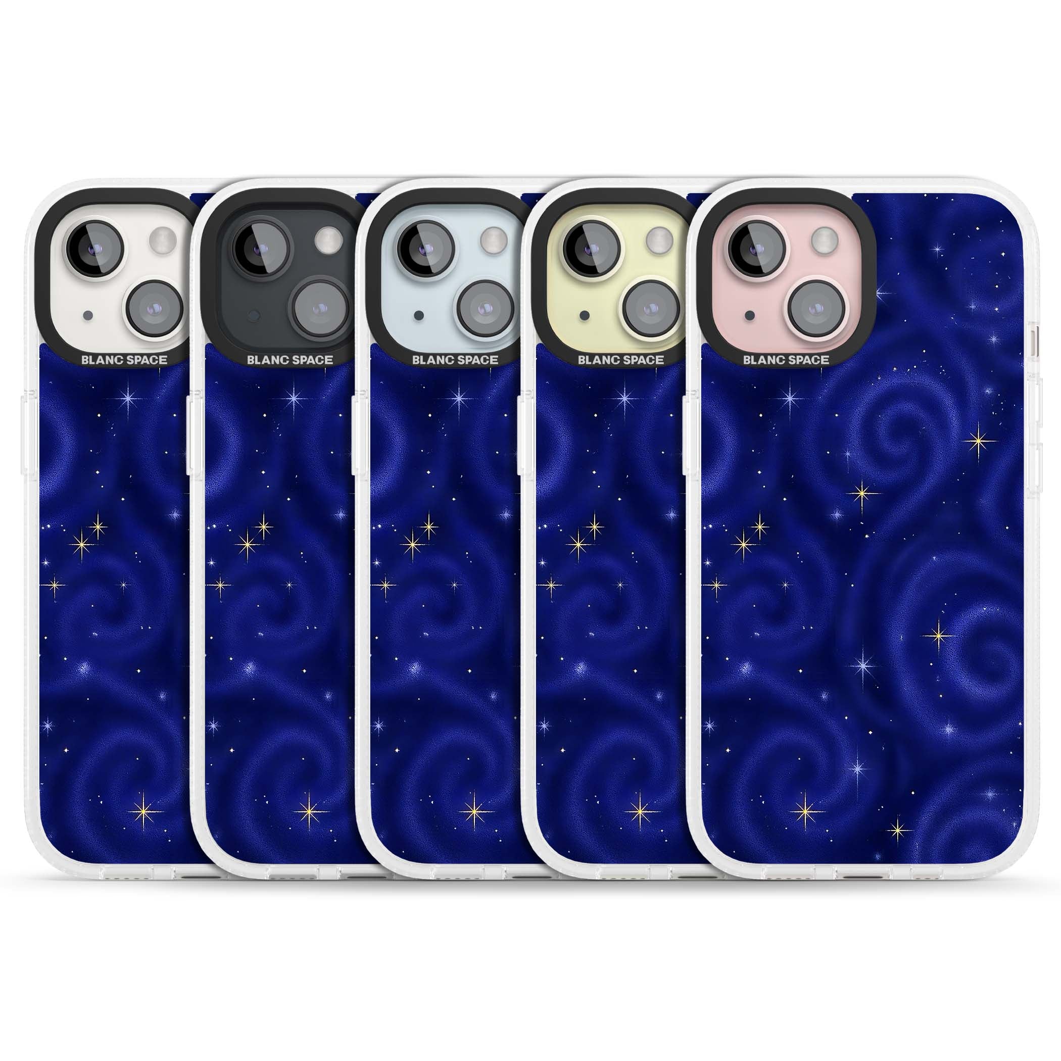 Indigo Cosmos celestial iPhone case featuring swirling navy night sky and sparkling golden stars | Clear Case Impact Air case for iPhone 15, iPhone 15 Plus