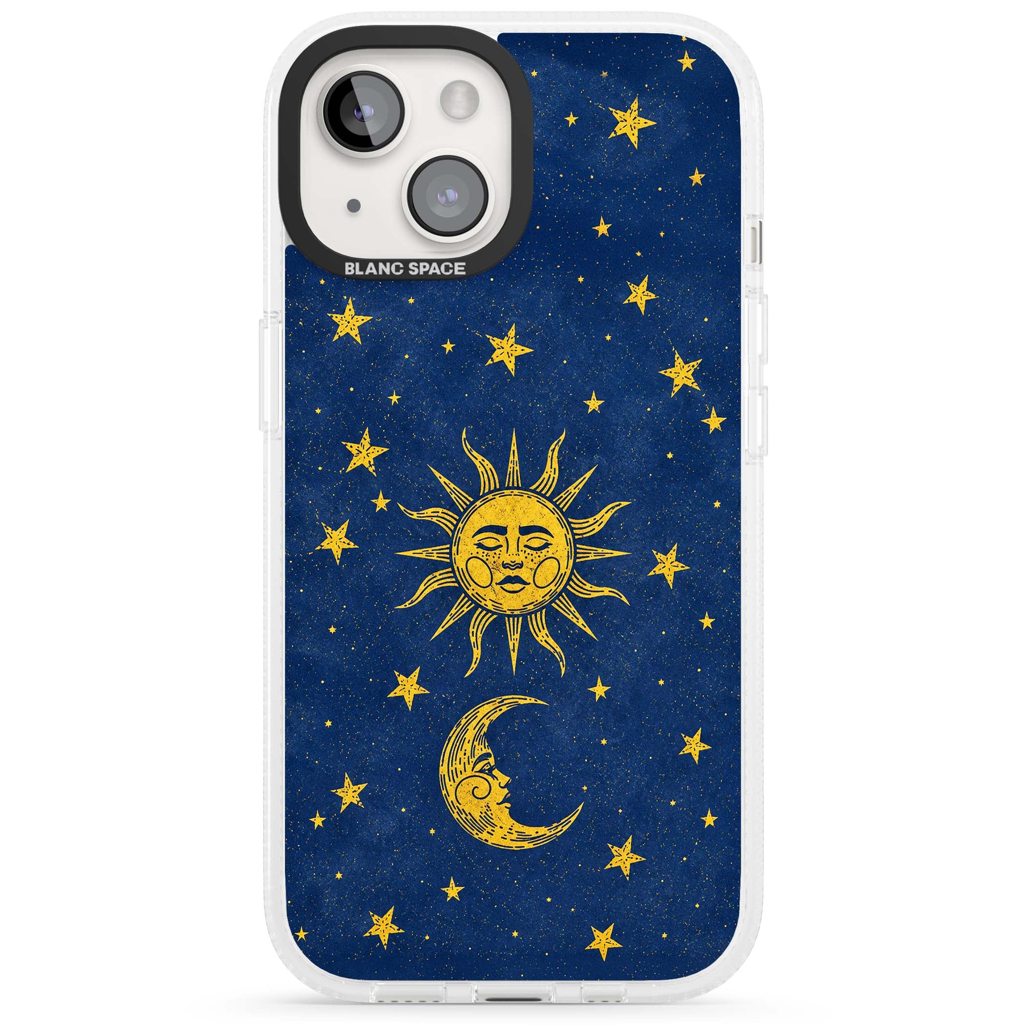 Sun & Moon Reverie celestial iPhone case featuring a vintage golden sun, crescent moon and scattered stars on midnight blue | Clear Case Impact Air case for iPhone 15, iPhone 15 Plus