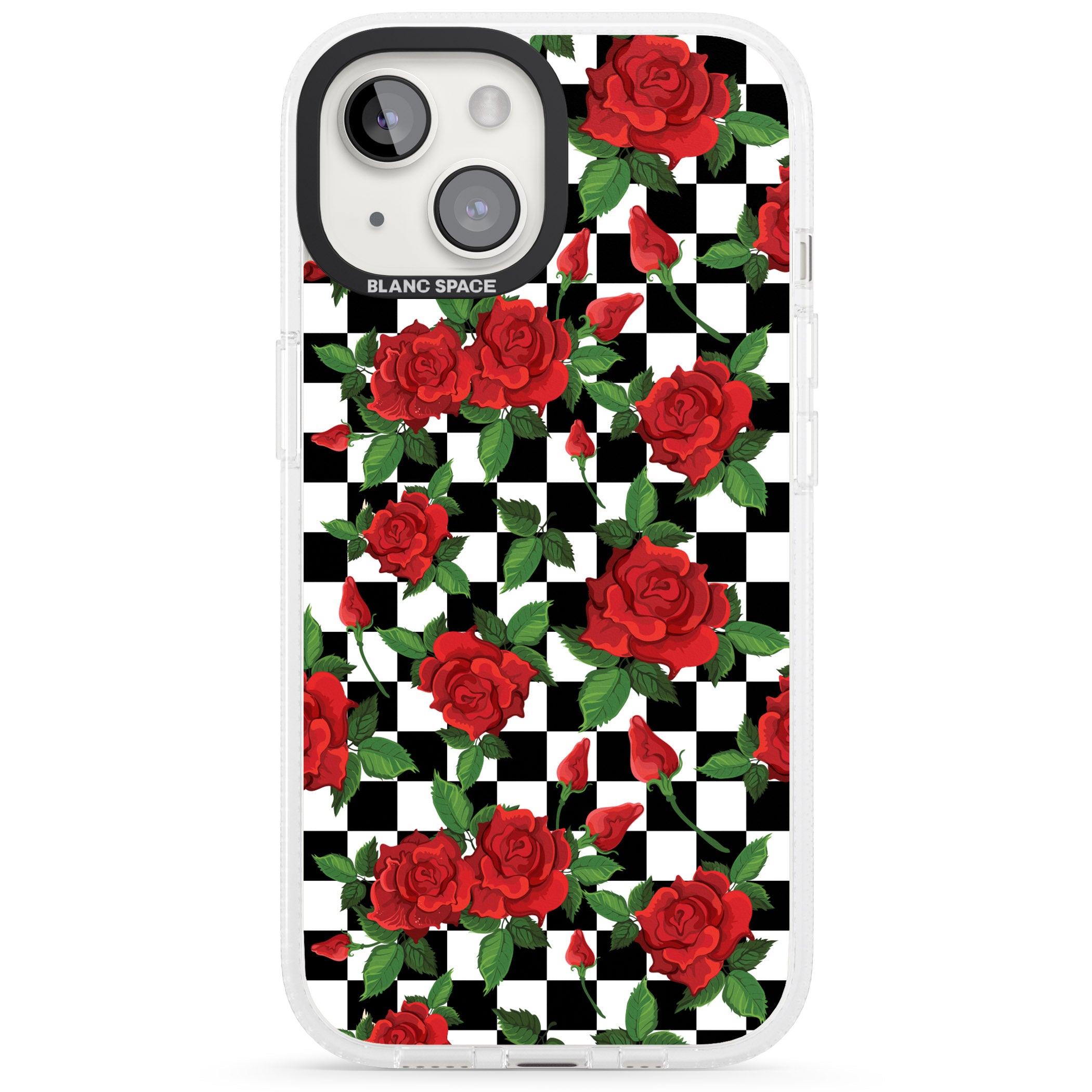Checkered Pattern & Red Roses iPhone 15 / 14 / 13 Clear Case Impact Air - Blanc Space