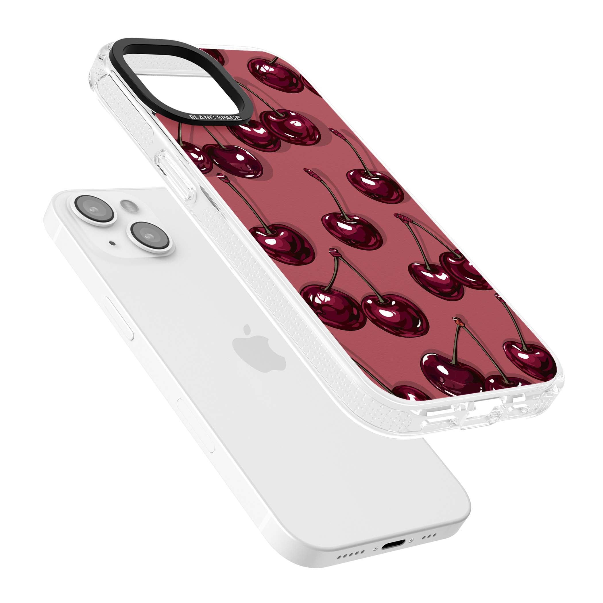 Cherry Rebel coquette iPhone case featuring glossy burgundy cherries on a dusty rose background | Clear Case Impact Air case for iPhone 15, iPhone 15 Plus