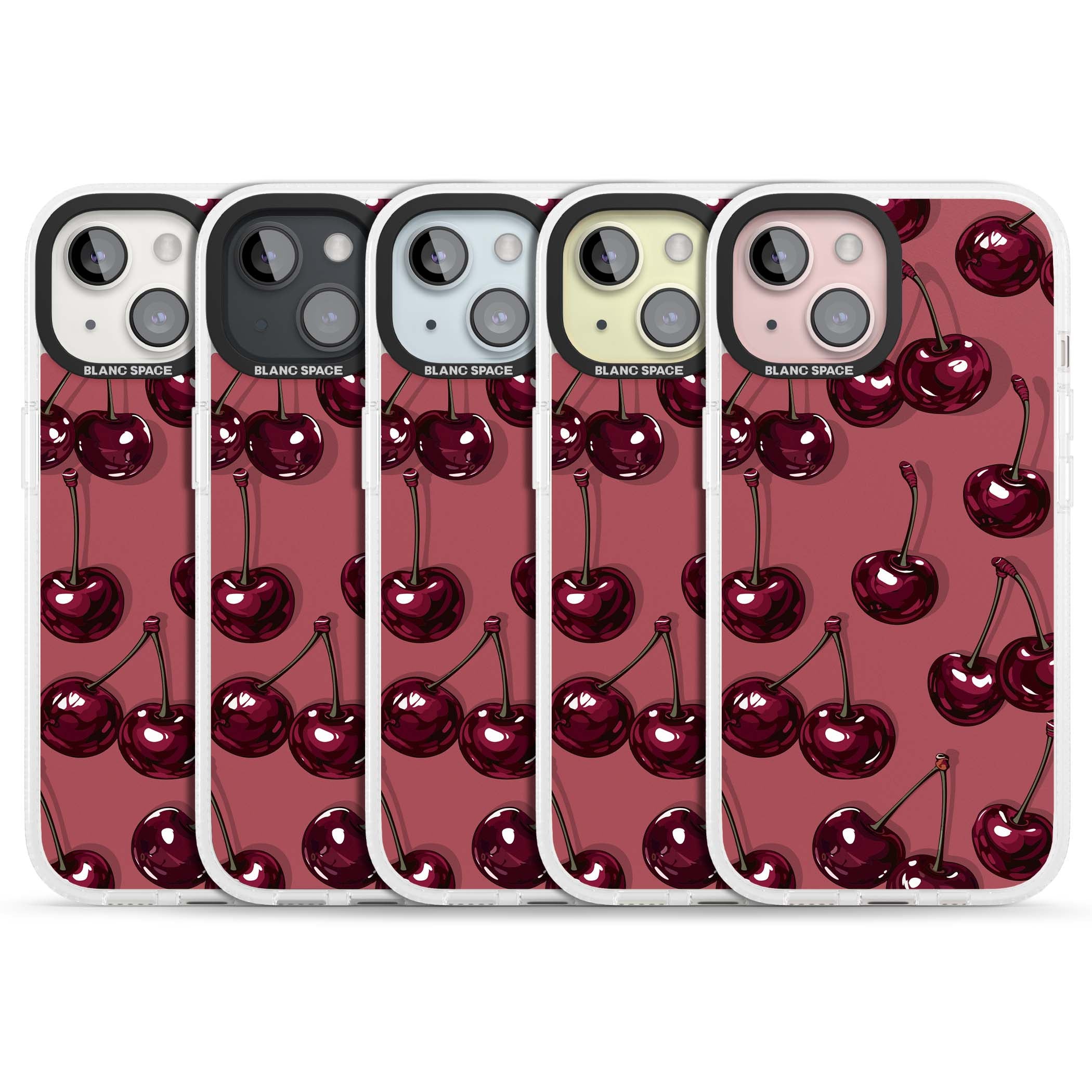 Cherry Rebel coquette iPhone case featuring glossy burgundy cherries on a dusty rose background | Clear Case Impact Air case for iPhone 15, iPhone 15 Plus