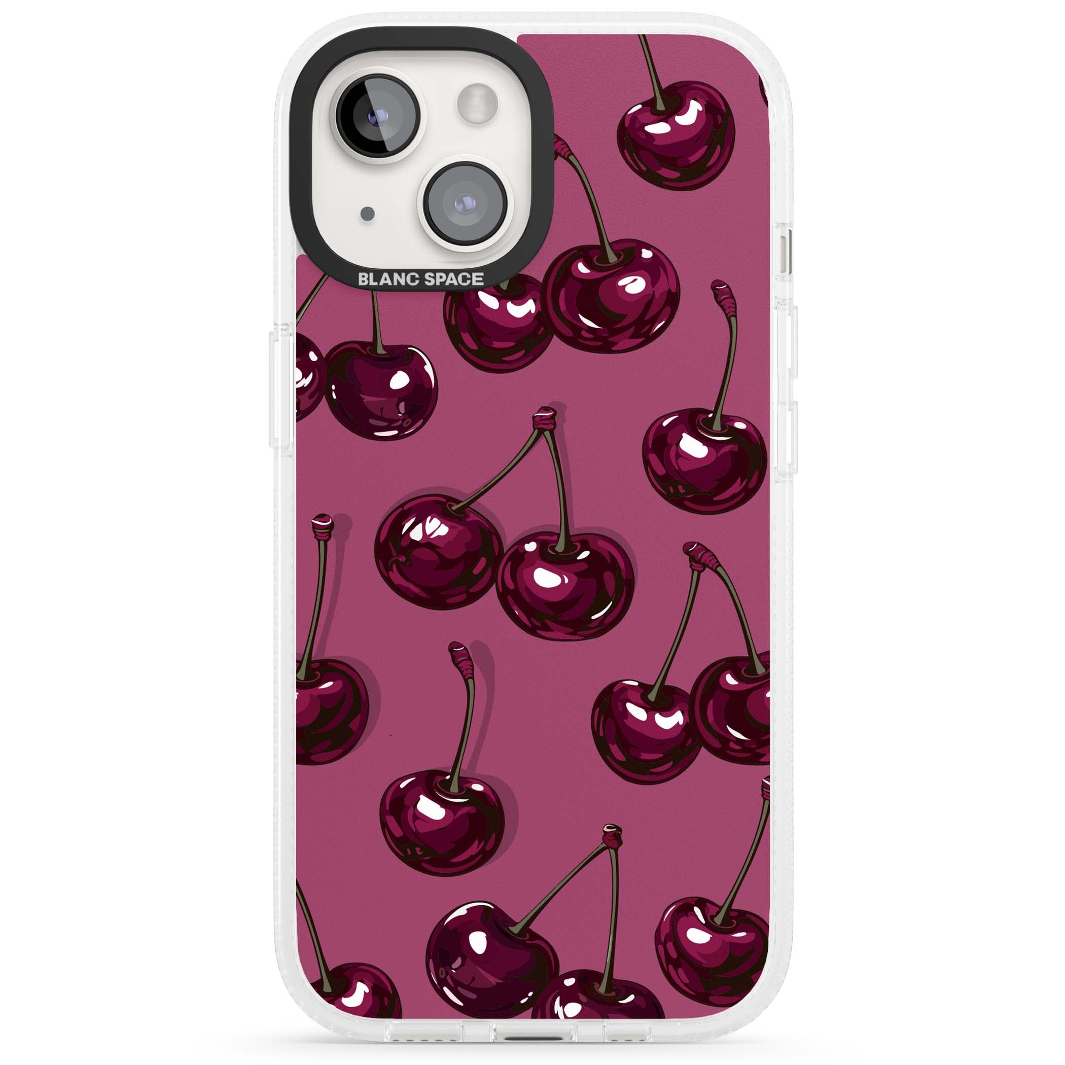 Cherry Soda coquette iPhone case featuring glossy burgundy cherries on a dusty pink background | Clear Case Impact Air case for iPhone 15, iPhone 15 Plus