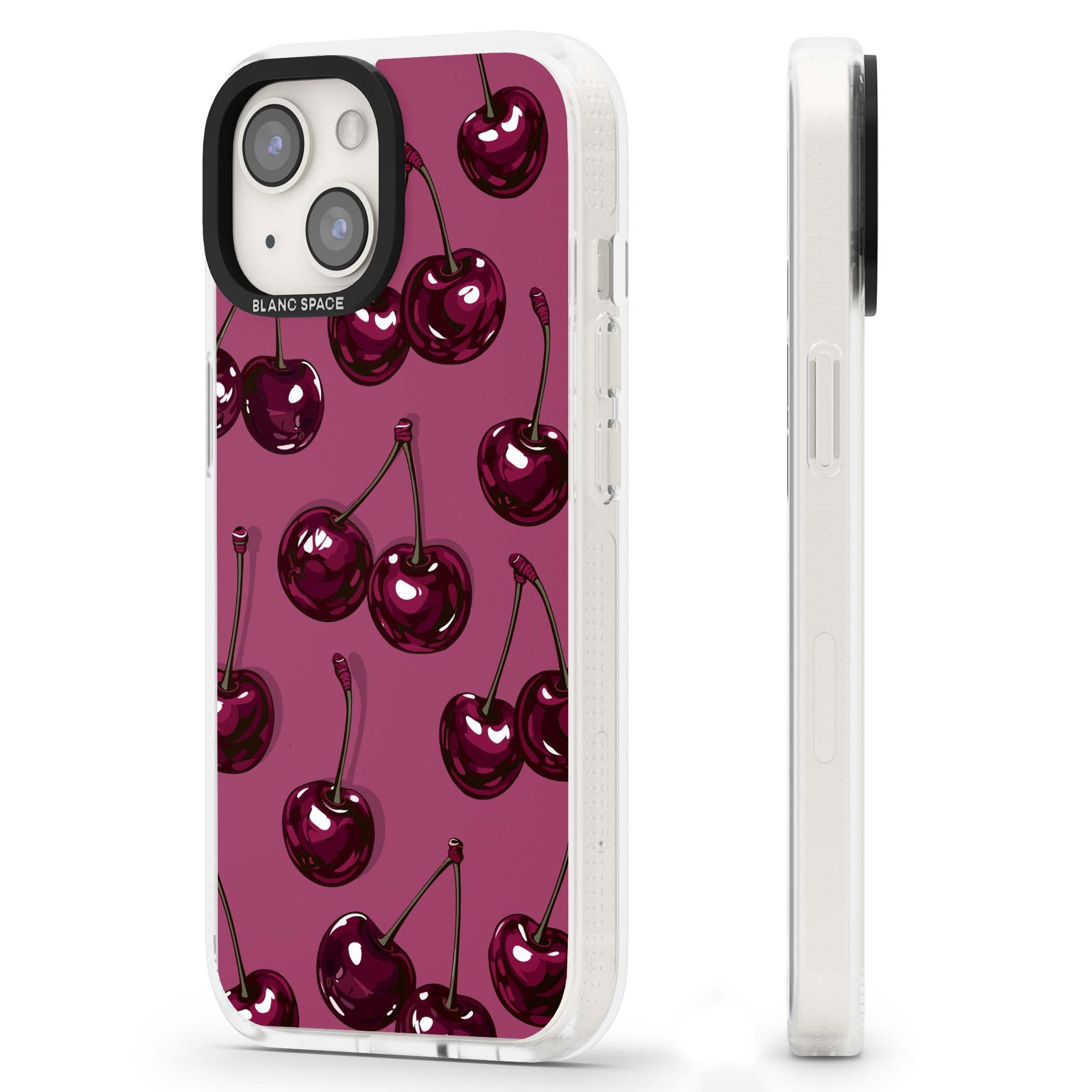 Cherry Soda coquette iPhone case featuring glossy burgundy cherries on a dusty pink background | Clear Case Impact Air case for iPhone 15, iPhone 15 Plus