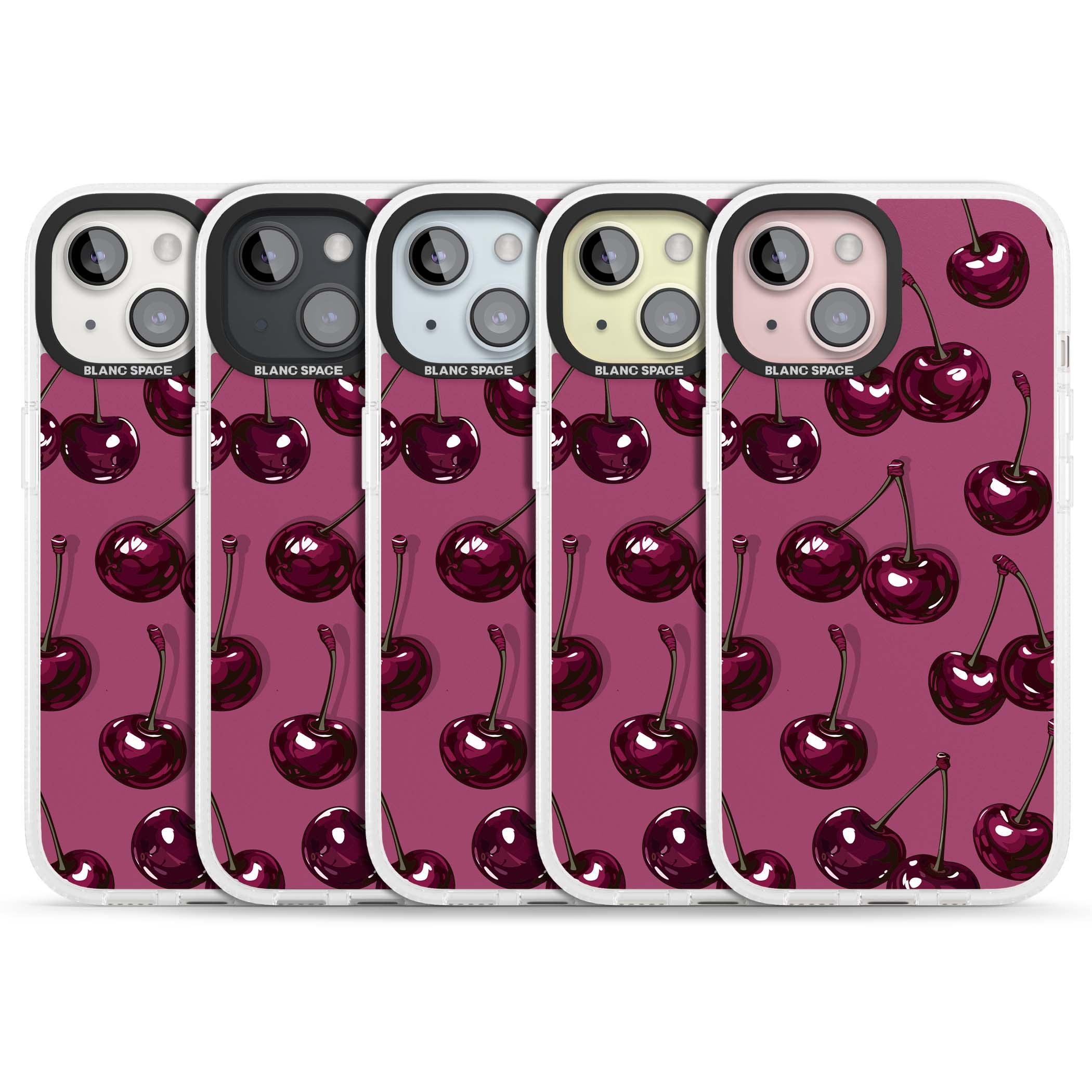 Cherry Soda coquette iPhone case featuring glossy burgundy cherries on a dusty pink background | Clear Case Impact Air case for iPhone 15, iPhone 15 Plus
