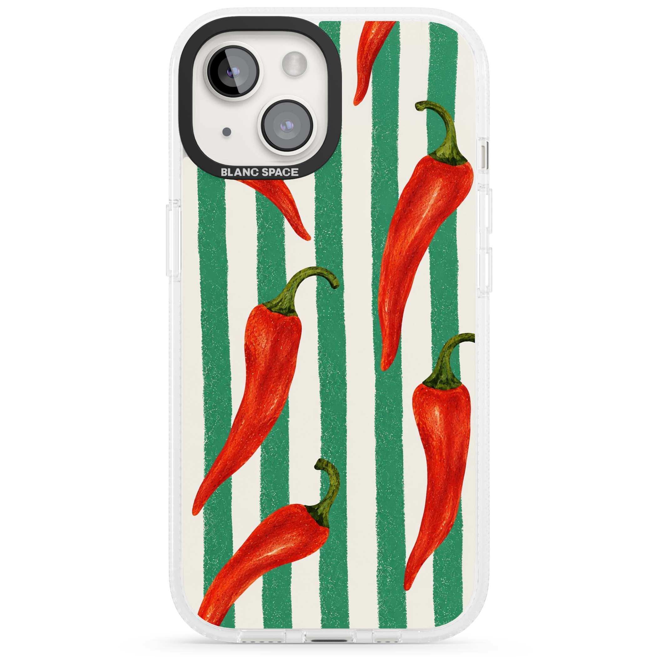 Striped Chillis coastal iPhone case featuring hand-painted red chili peppers on green and cream stripes | Clear Case Impact Air case for iPhone 15, iPhone 15 Plus