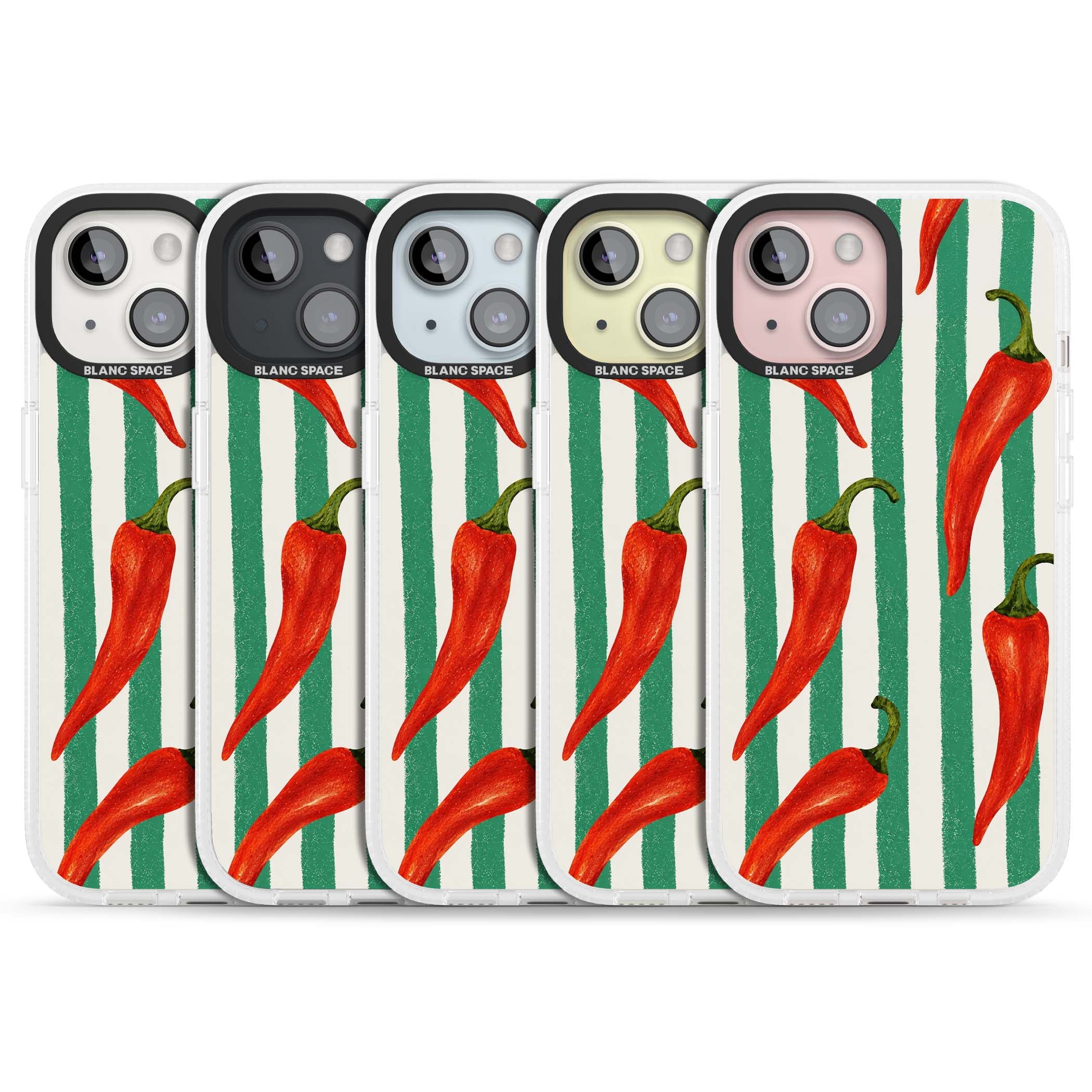 Striped Chillis coastal iPhone case featuring hand-painted red chili peppers on green and cream stripes | Clear Case Impact Air case for iPhone 15, iPhone 15 Plus