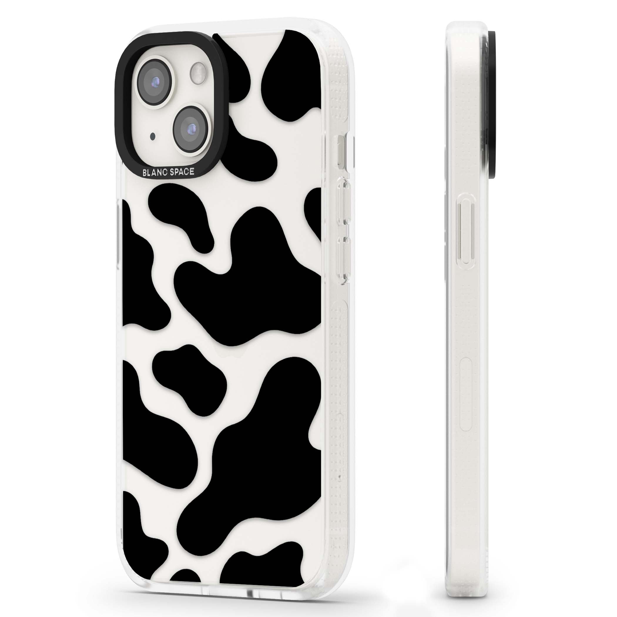 Clear Cow Print cow print iPhone case featuring black and white cow pattern splotches on a clear background | Clear Case Impact Air case for iPhone 15, iPhone 15 Plus