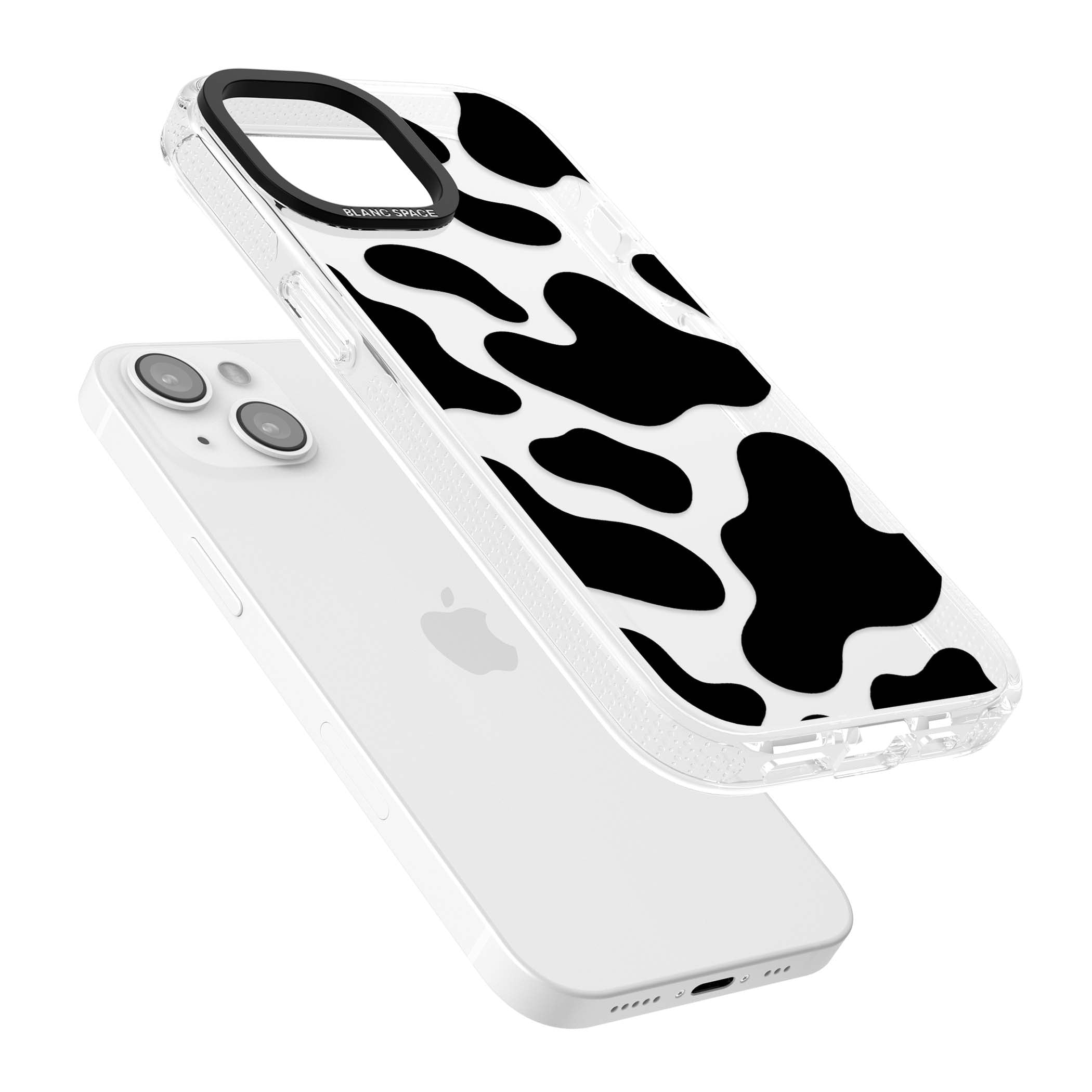 Clear Cow Print cow print iPhone case featuring black and white cow pattern splotches on a clear background | Clear Case Impact Air case for iPhone 15, iPhone 15 Plus