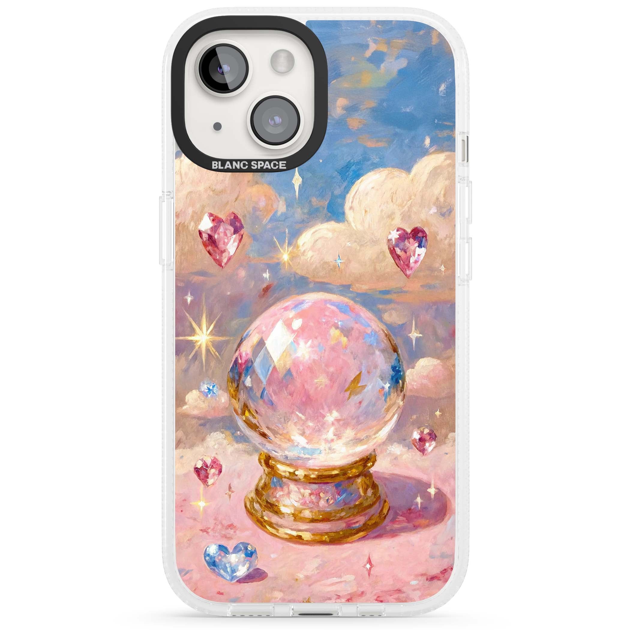 Crystal Ball fairycore iPhone case featuring a painted crystal ball, heart gemstones, and pastel clouds | Clear Case Impact Air case for iPhone 15, iPhone 15 Plus