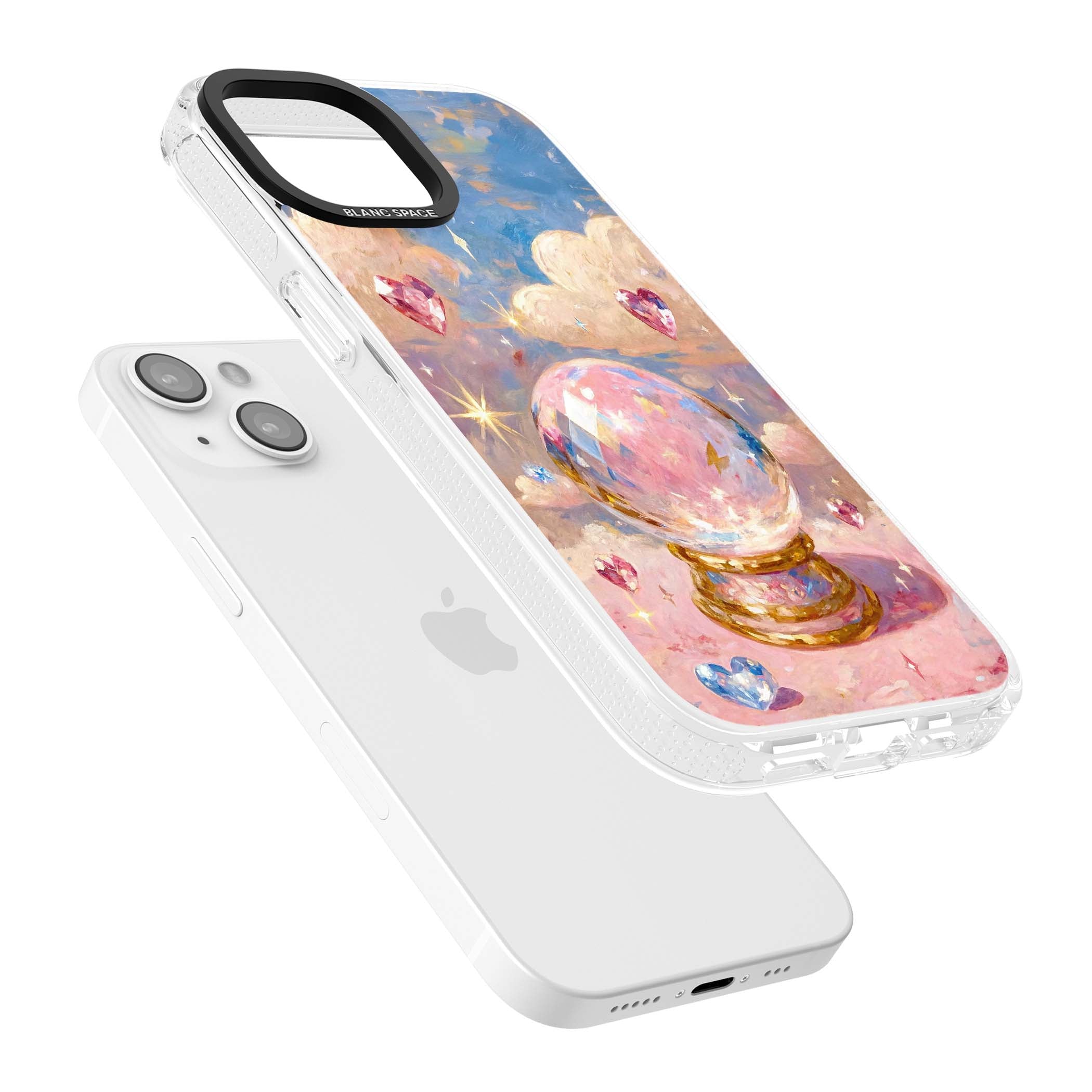 Crystal Ball fairycore iPhone case featuring a painted crystal ball, heart gemstones, and pastel clouds | Clear Case Impact Air case for iPhone 15, iPhone 15 Plus