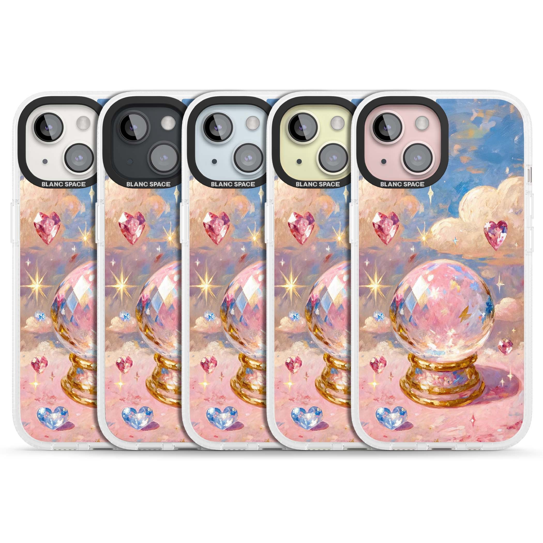 Crystal Ball fairycore iPhone case featuring a painted crystal ball, heart gemstones, and pastel clouds | Clear Case Impact Air case for iPhone 15, iPhone 15 Plus