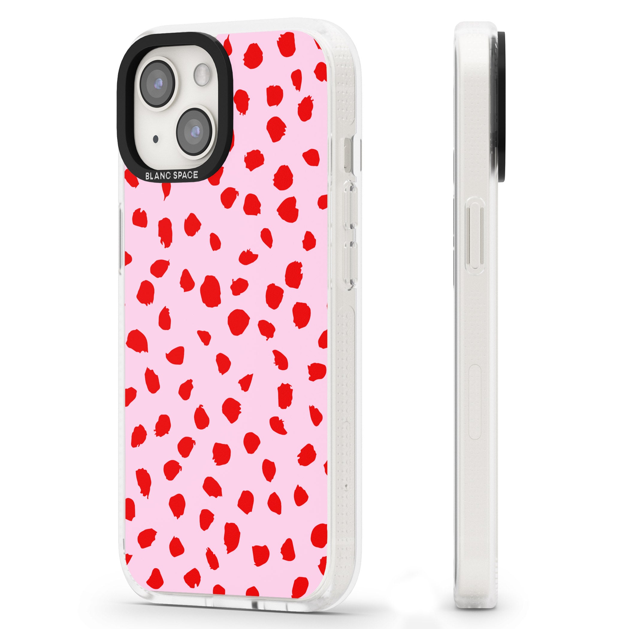 Red on Pink Dalmatian Polka Dot Spots iPhone 15 / 14 / 13 Clear Case Impact Air - Blanc Space