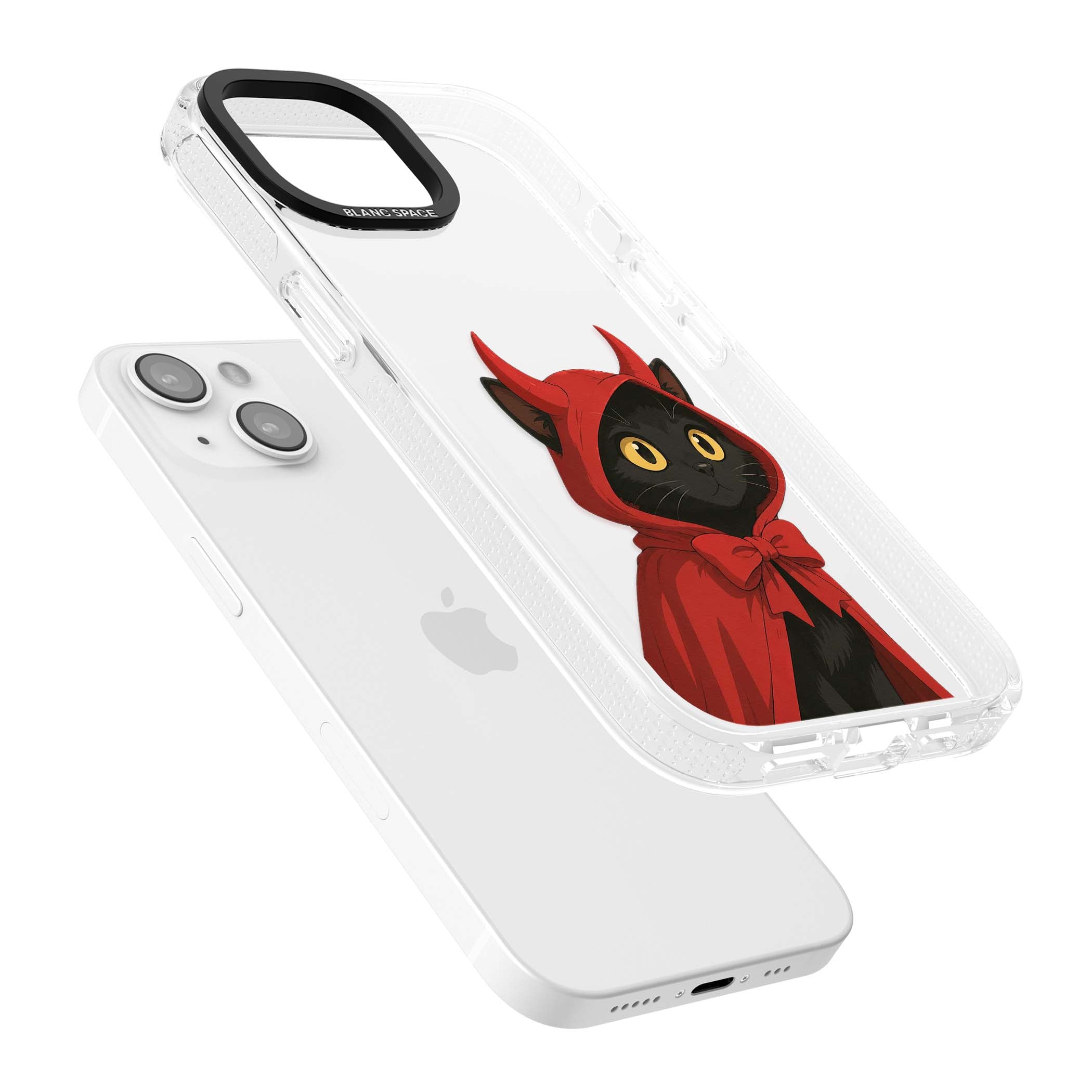 Little Devil halloween iPhone case featuring a black cat in a red hooded devil cloak with horns and golden eyes | Clear Case Impact Air case for iPhone 15, iPhone 15 Plus