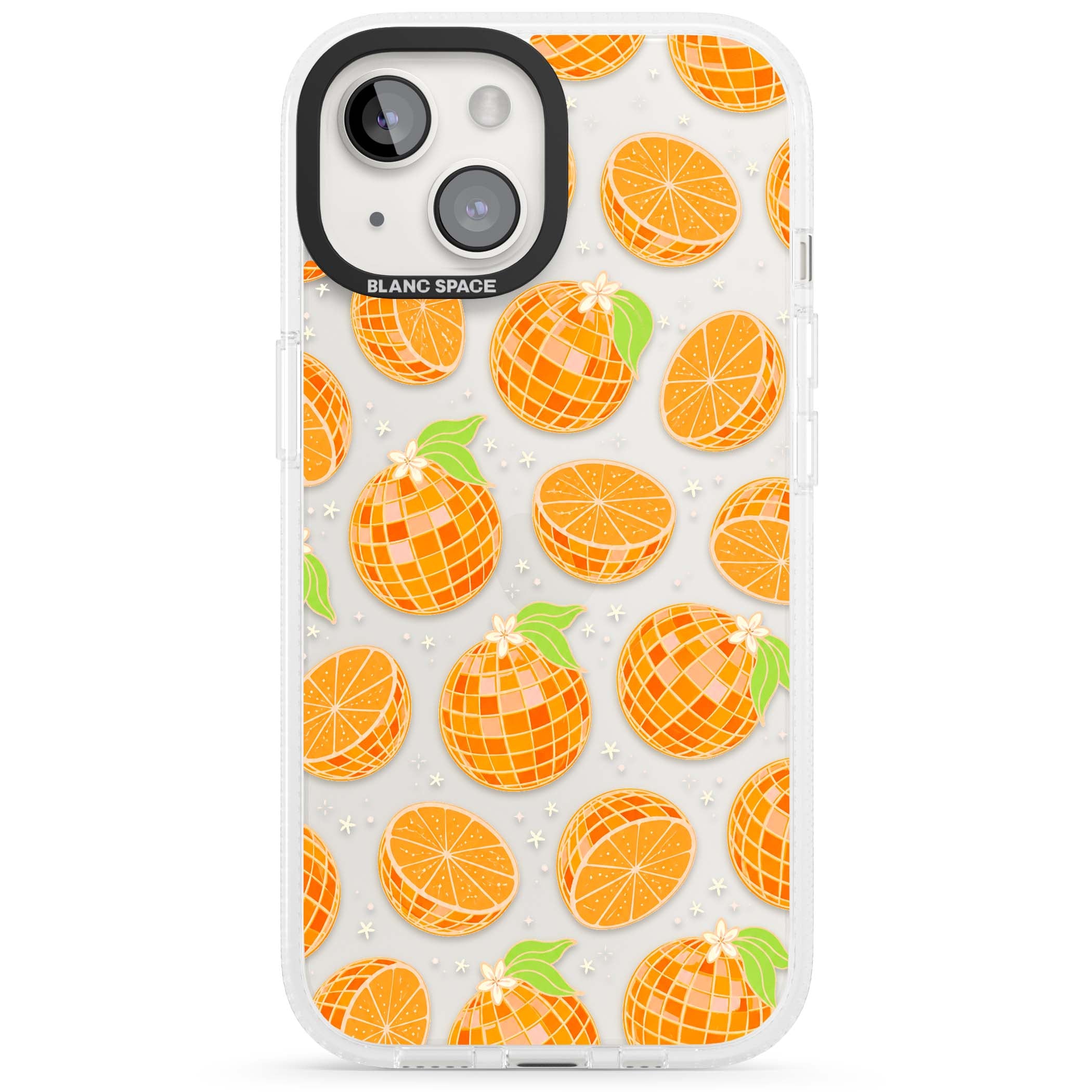 Disco Oranges retro iPhone case featuring mirrorball oranges, citrus slices and tiny blossoms on clear | Clear Case Impact Air case for iPhone 15, iPhone 15 Plus