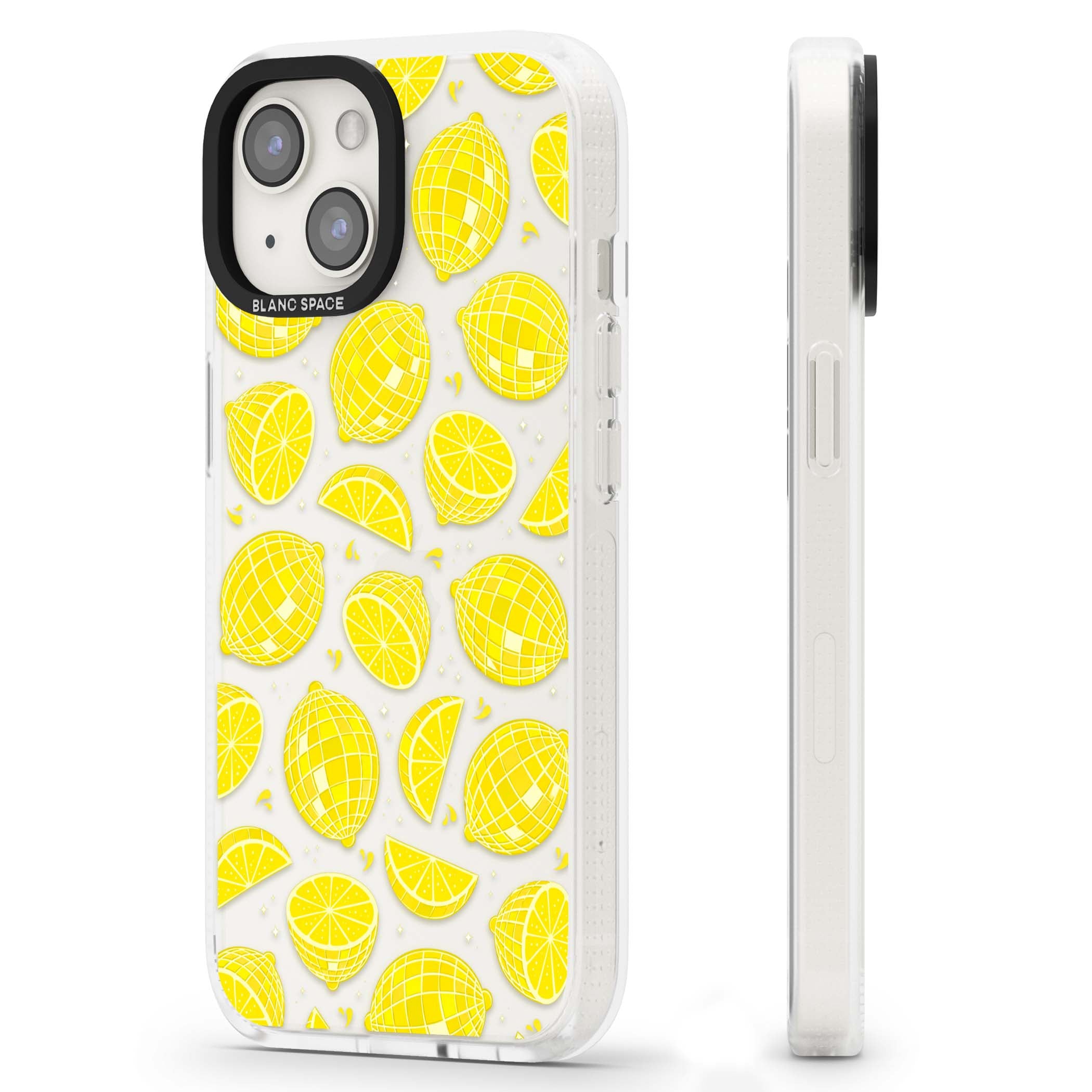 Disco Lemons citrus iPhone case featuring mirrorball lemons, sliced fruit and sparkle accents | Clear Case Impact Air case for iPhone 15, iPhone 15 Plus