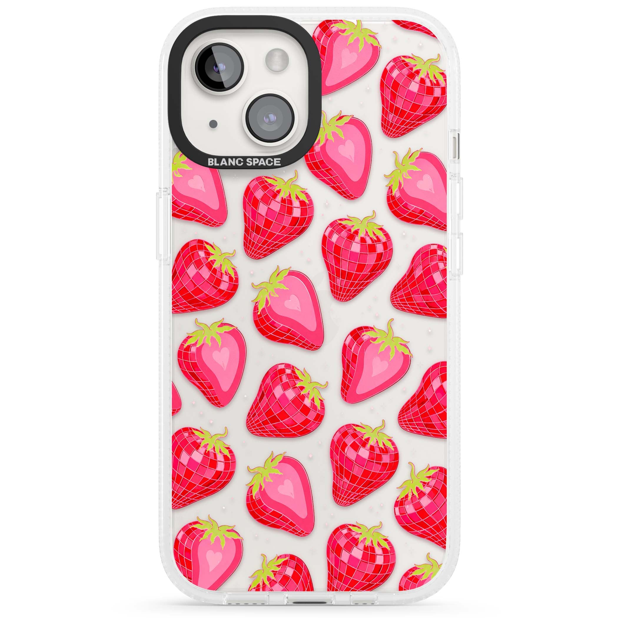Disco Strawberry Y2K iPhone case featuring pink disco-ball strawberries, green leaves and tiny sparkles | Clear Case Impact Air case for iPhone 15, iPhone 15 Plus