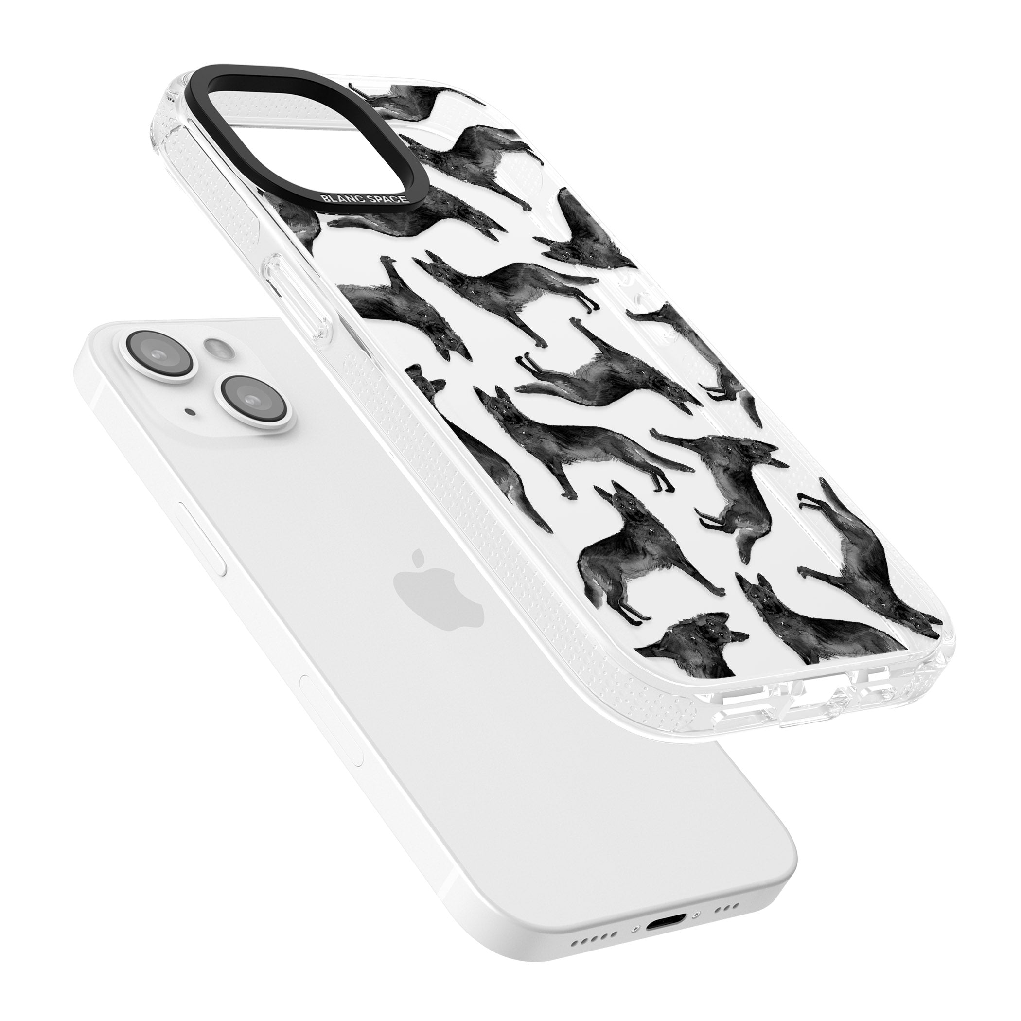 German Shepherd (Black) Watercolour Dog Pattern iPhone 15 / 14 / 13 Clear Case Impact Air - Blanc Space