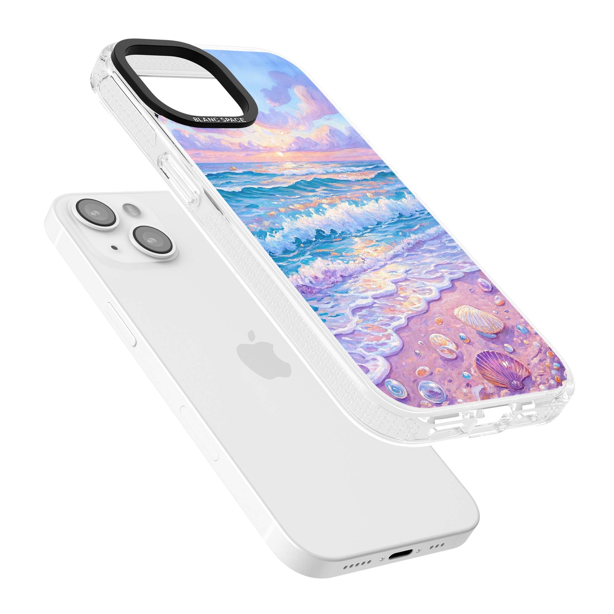 Pearl Shore coastal iPhone case featuring pastel painted waves, seashells, and a sunrise sky over a lavender beach. | Clear Case Impact Air case for iPhone 15, iPhone 15 Plus