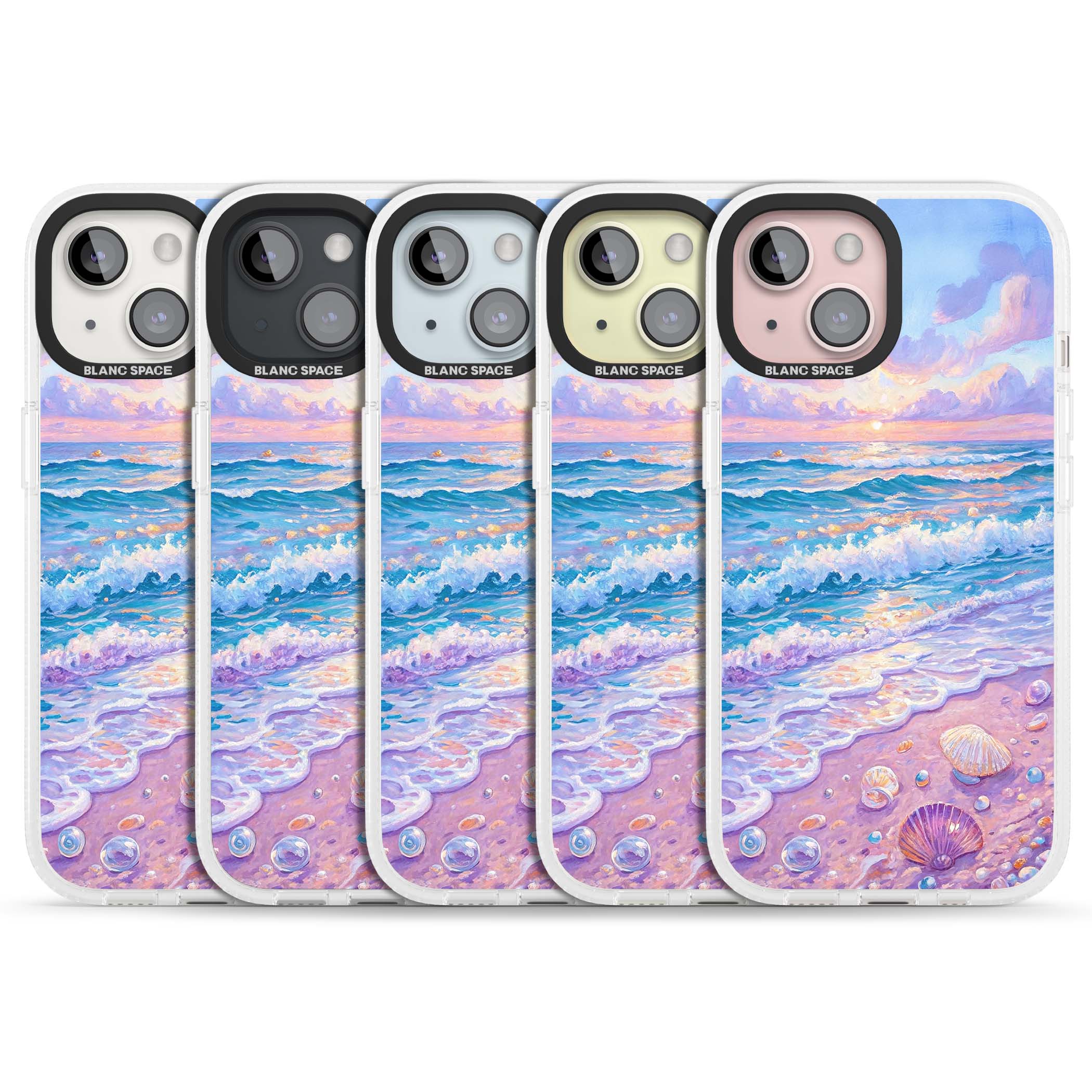 Pearl Shore coastal iPhone case featuring pastel painted waves, seashells, and a sunrise sky over a lavender beach. | Clear Case Impact Air case for iPhone 15, iPhone 15 Plus