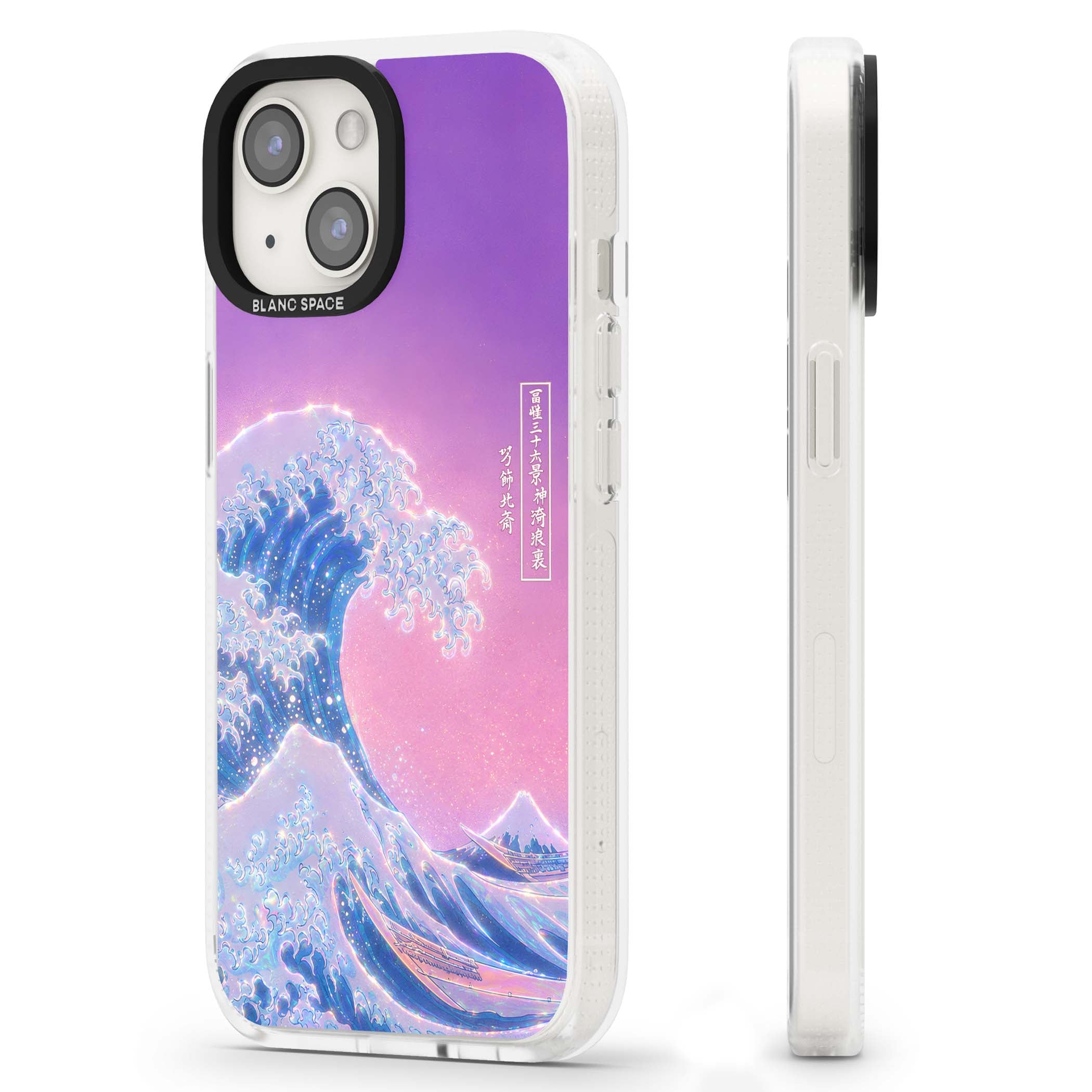 The Great Opal Wave Japanese iPhone case featuring Hokusai's great wave in iridescent pastels with lilac sky and Mou | Clear Case Impact Air case for iPhone 15, iPhone 15 Plus