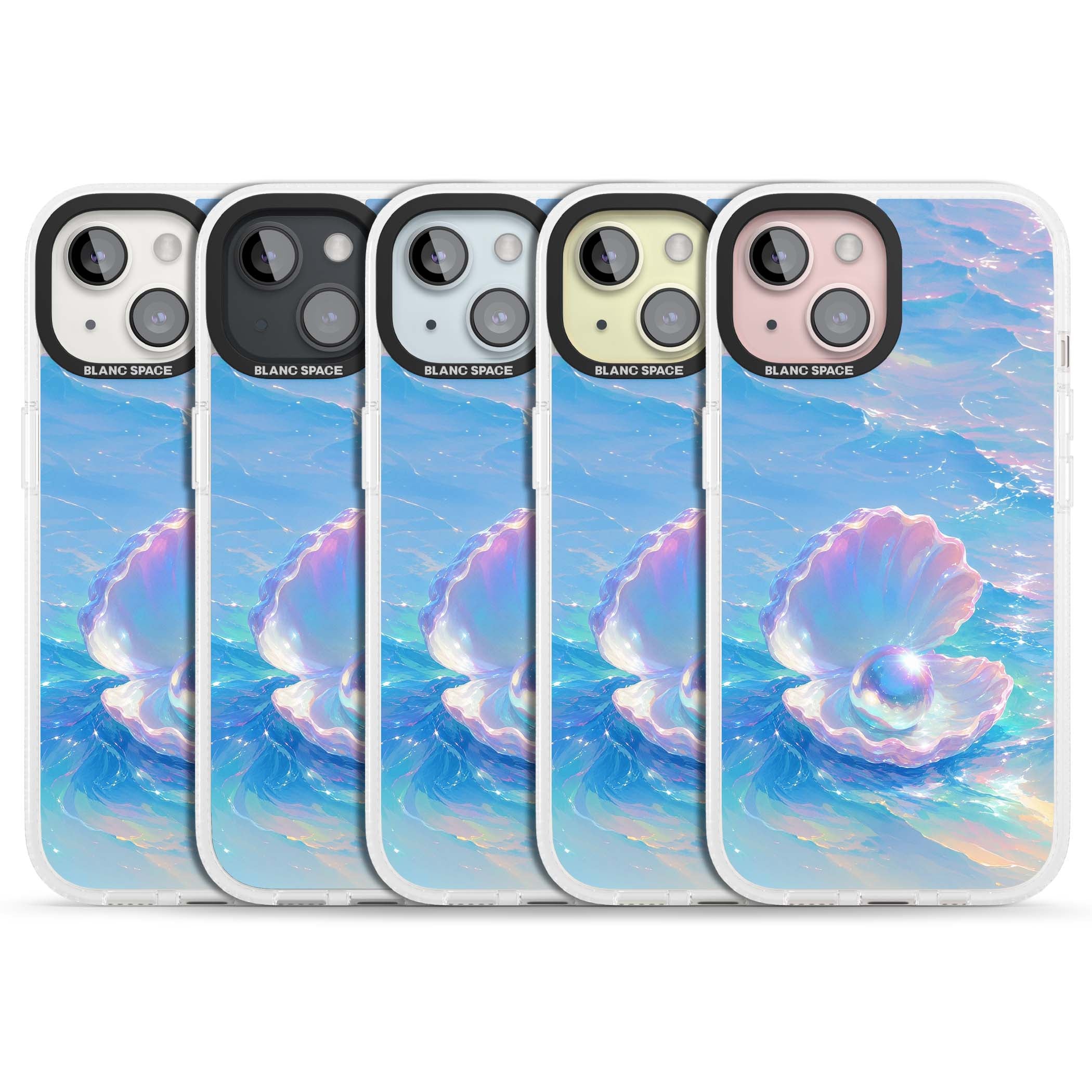 The Pearl Clam mermaidcore iPhone case featuring iridescent seashell, glowing pearl and pastel ocean waves | Clear Case Impact Air case for iPhone 15, iPhone 15 Plus