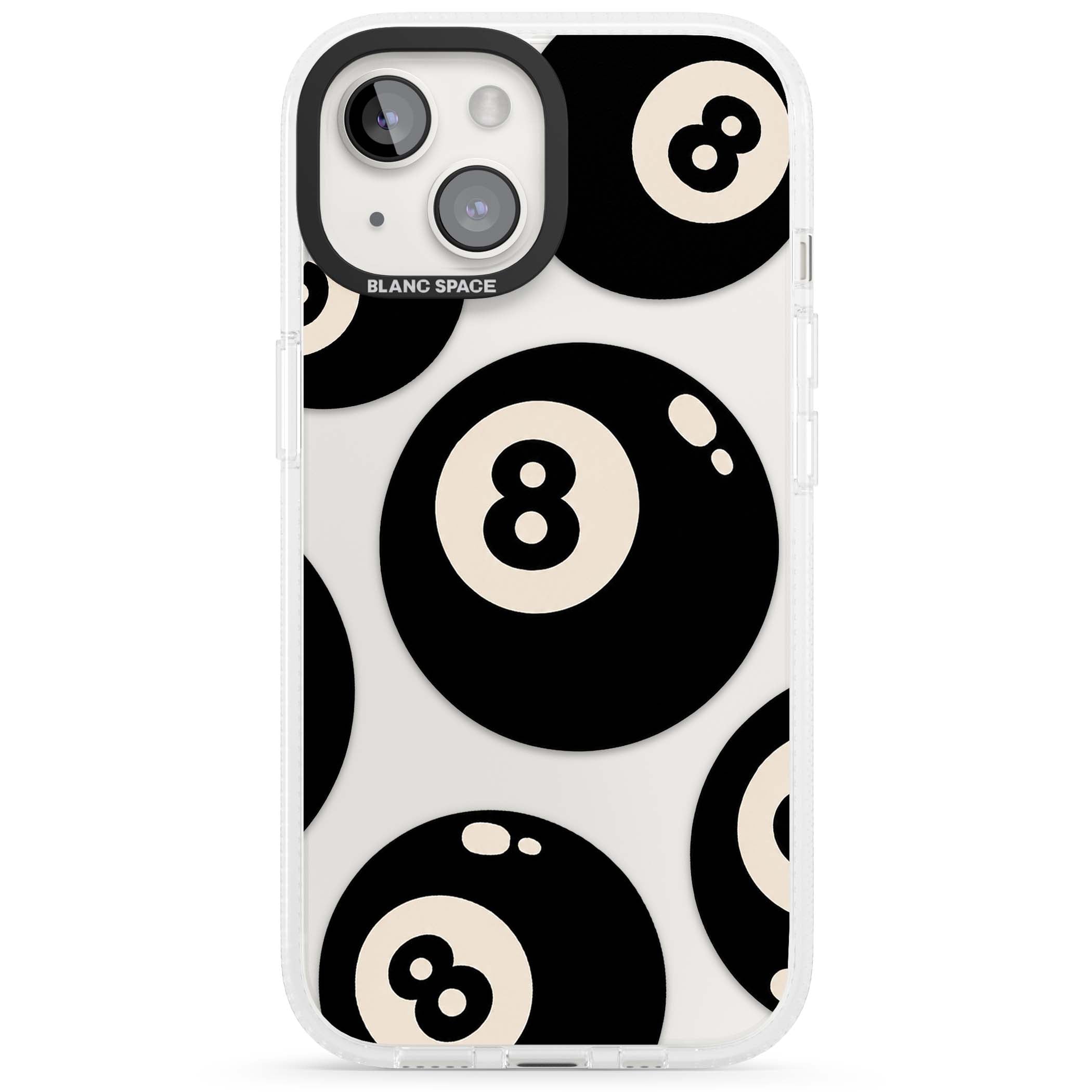 Eights y2k iPhone case featuring scattered black 8 balls with cream highlights on a clear background | Clear Case Impact Air case for iPhone 15, iPhone 15 Plus
