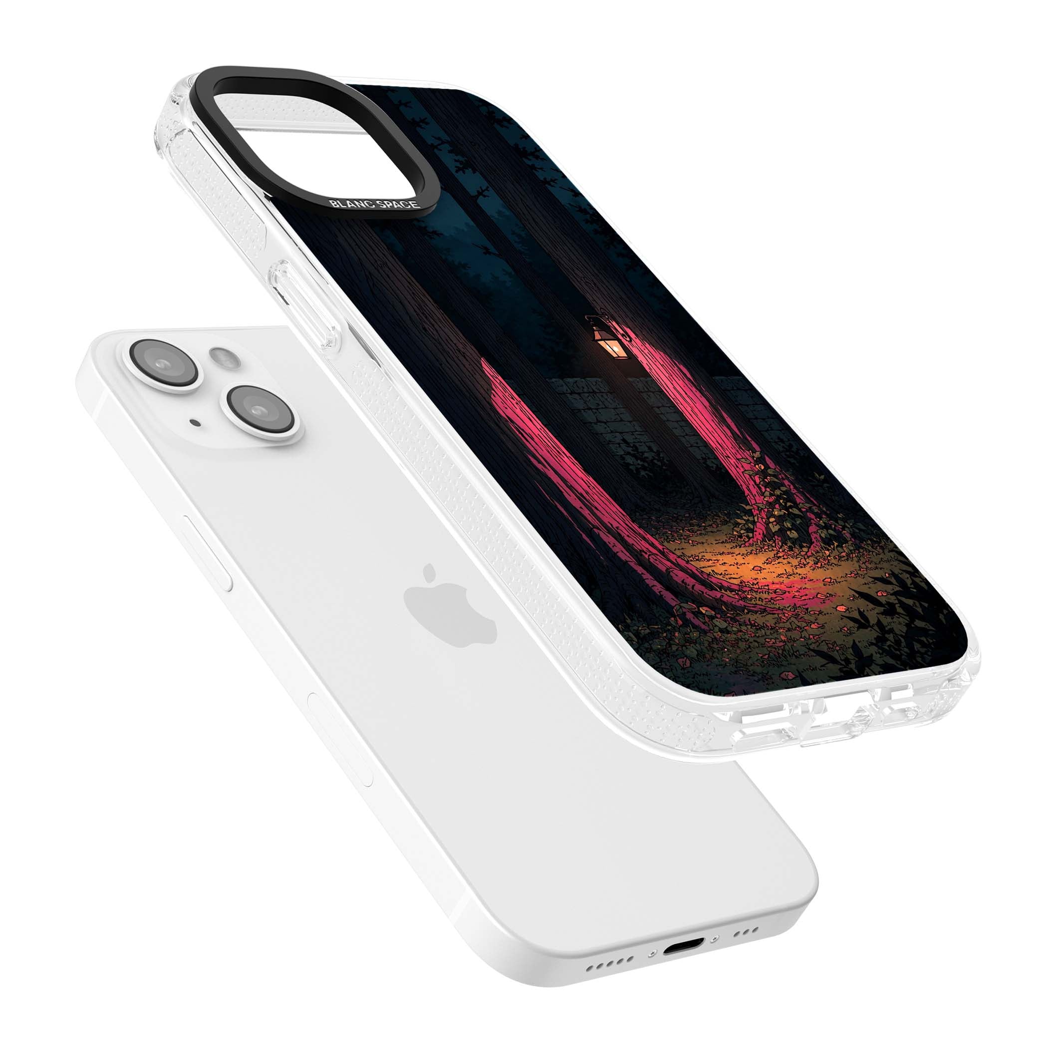 Forest Lantern dark academia iPhone case featuring a moonlit forest, glowing lantern, and stone wall pathway | Clear Case Impact Air case for iPhone 15, iPhone 15 Plus