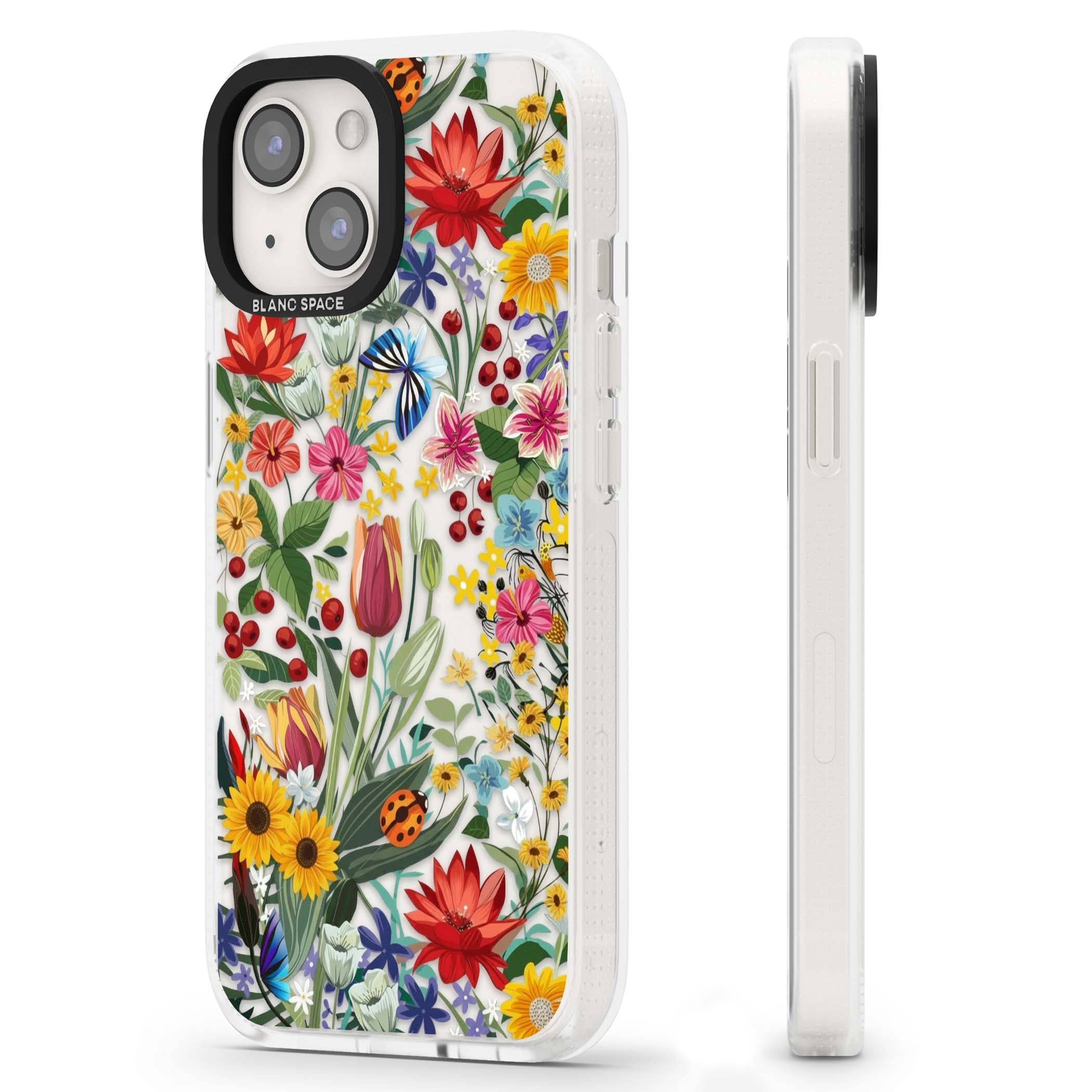 Botanical Bloom cottagecore iPhone case featuring colorful wildflowers, sunflowers, and ladybugs on clear background | Clear Case Impact Air case for iPhone 15, iPhone 15 Plus