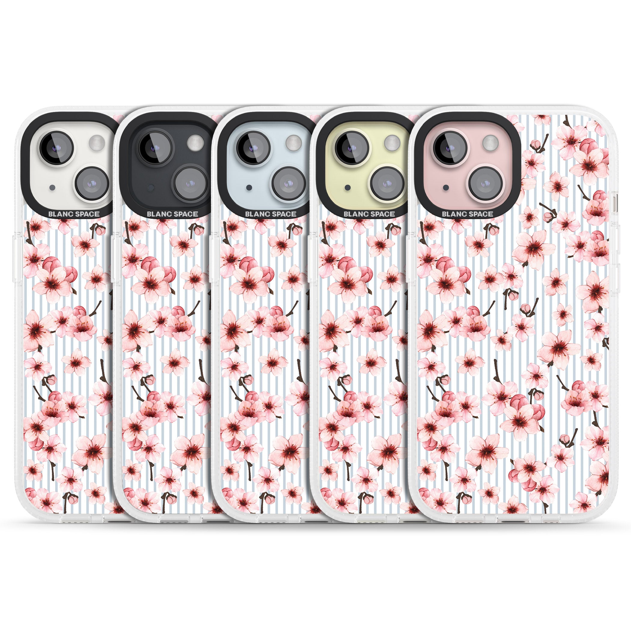 Cherry Blossoms on Blue Stripes Pattern iPhone 15 / 14 / 13 Clear Case Impact Air - Blanc Space