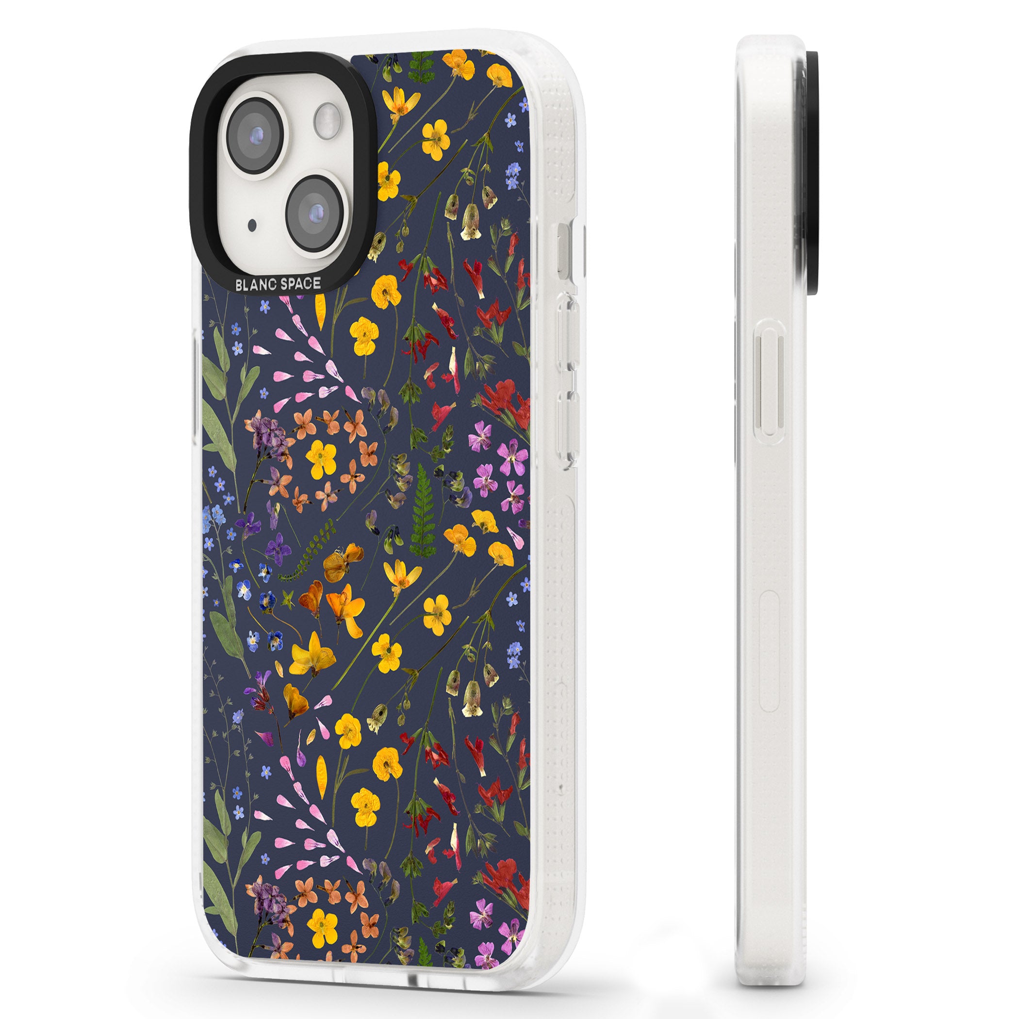 Wildflower & Leaves Cluster Design - Navy iPhone 15 / 14 / 13 Clear Case Impact Air - Blanc Space