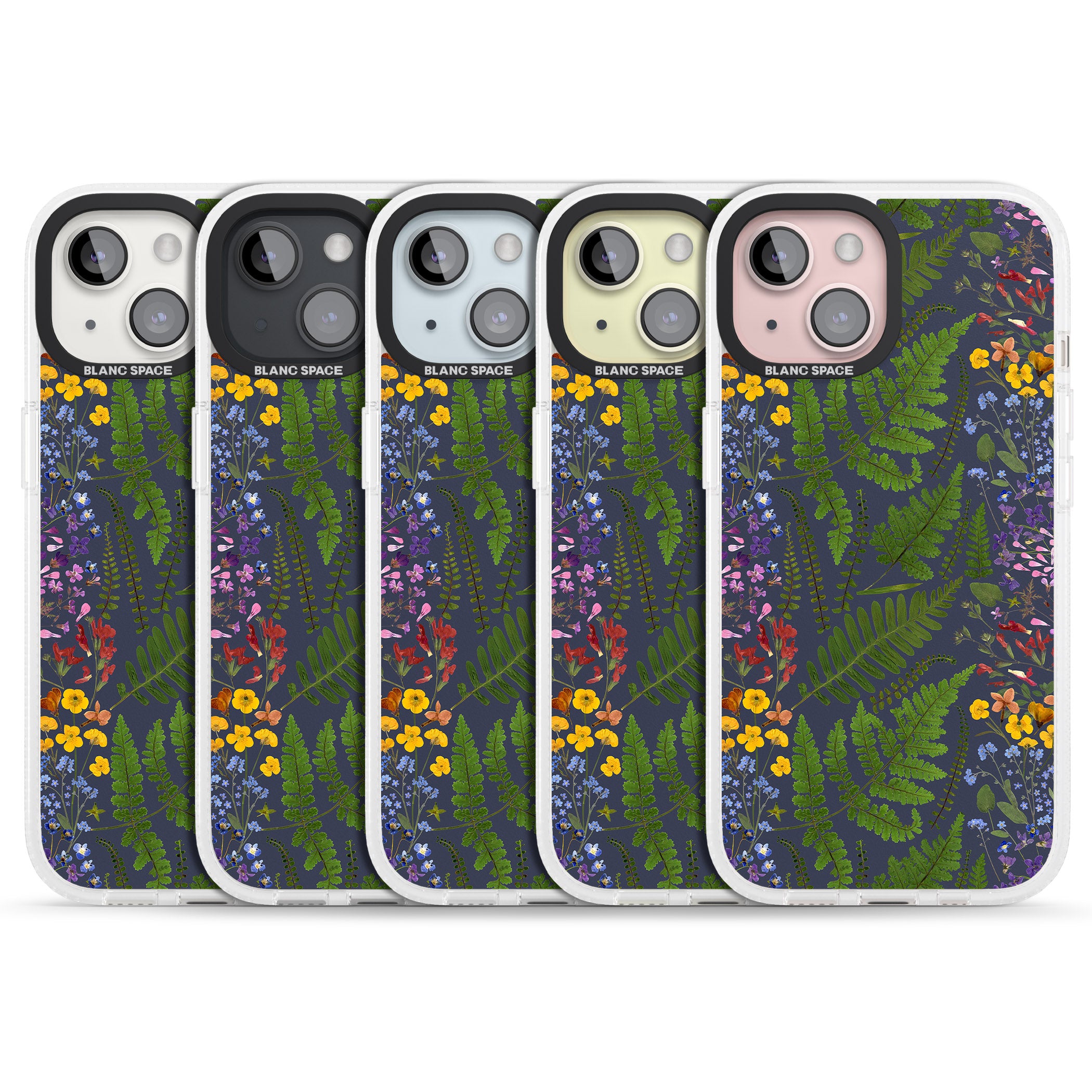 Busy Floral and Fern Design - Navy iPhone 15 / 14 / 13 Clear Case Impact Air - Blanc Space