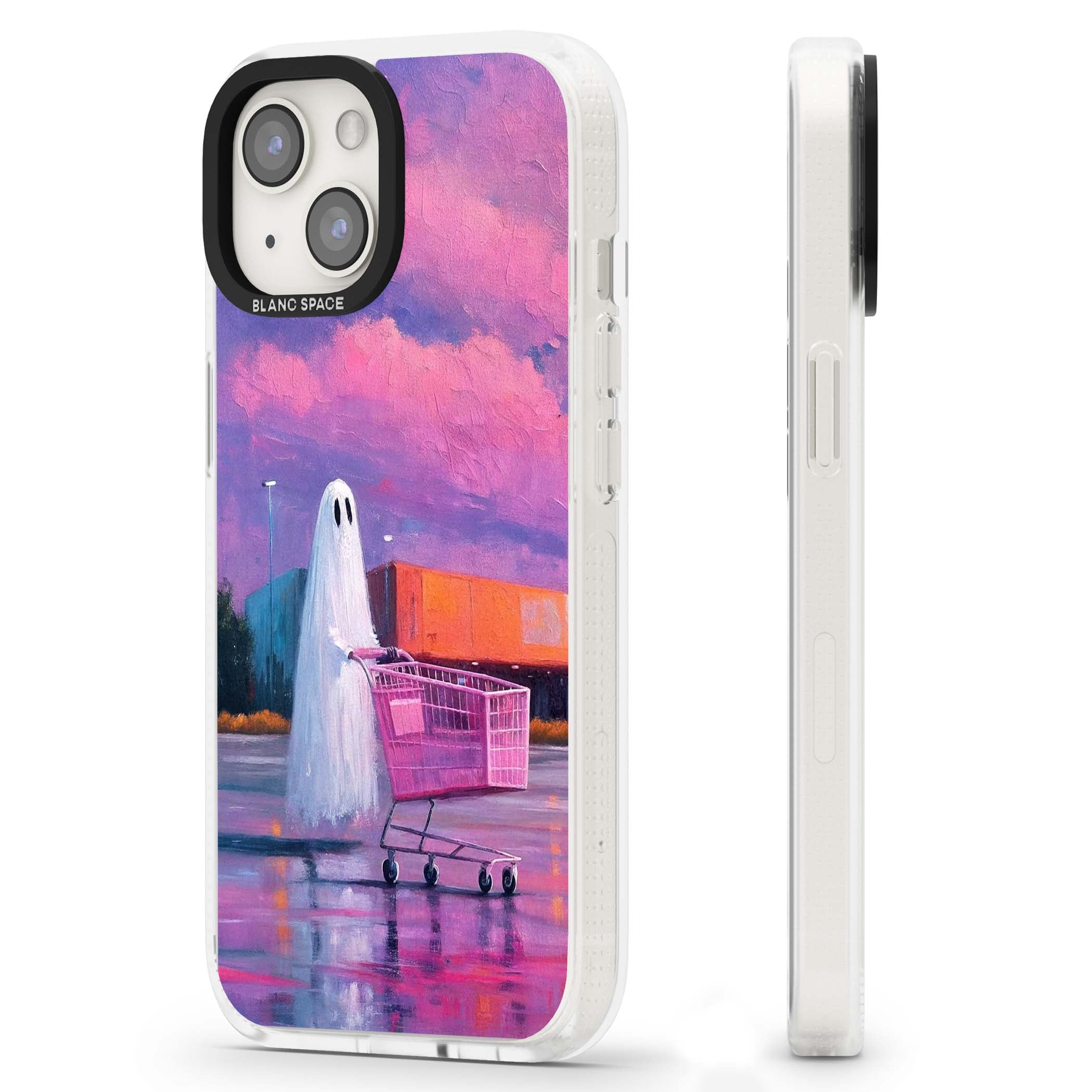 A Ghost's Errand ghost halloween iPhone case featuring a painted ghost, pink shopping trolley and purple sunset sky | Clear Case Impact Air case for iPhone 15, iPhone 15 Plus