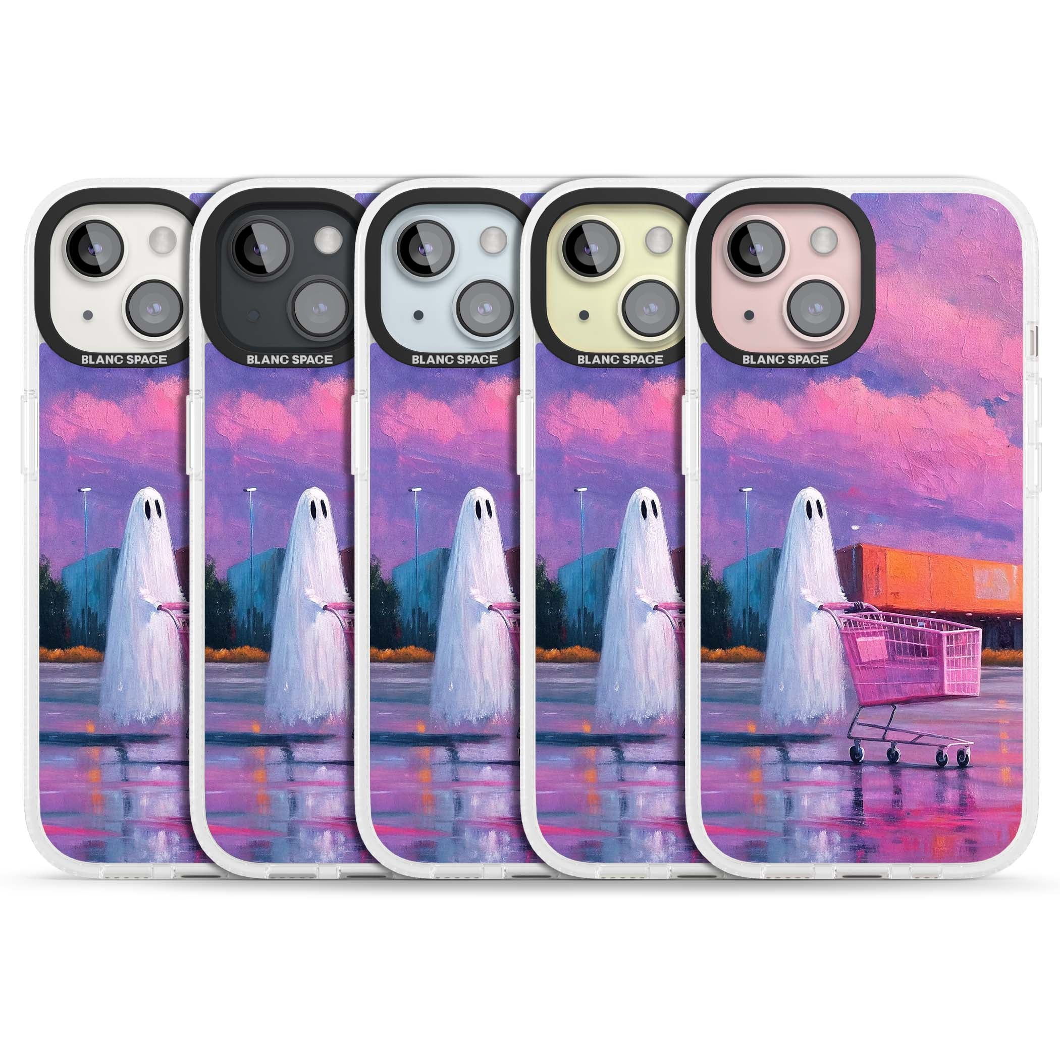 A Ghost's Errand ghost halloween iPhone case featuring a painted ghost, pink shopping trolley and purple sunset sky | Clear Case Impact Air case for iPhone 15, iPhone 15 Plus