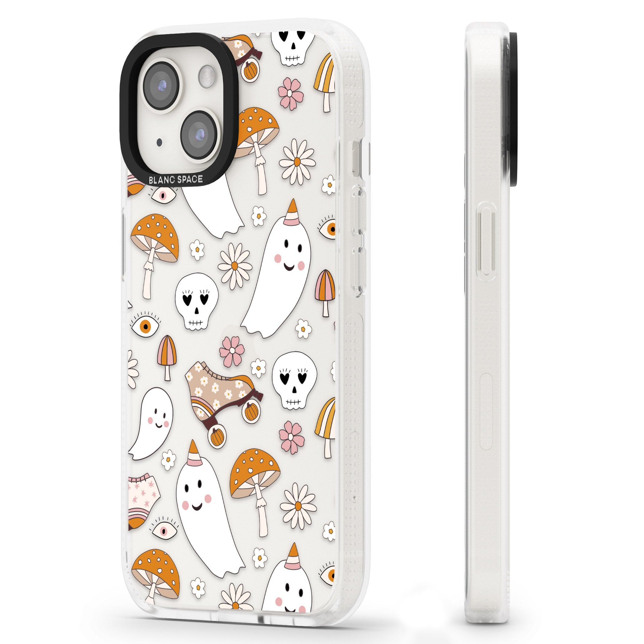 Cute Ghost and Skulls Pattern iPhone 15 / 14 / 13 Clear Case Impact Air - Blanc Space