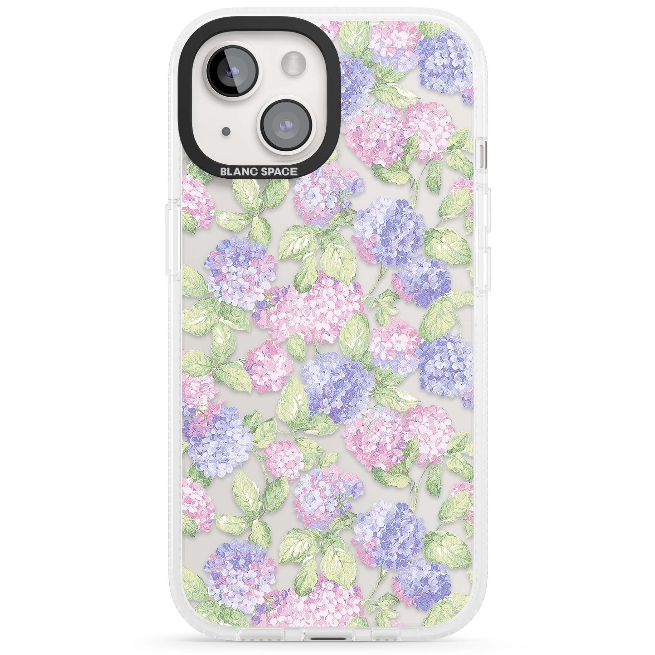 Cottage Hydrangea cottagecore iPhone case featuring pink and purple hydrangea blooms with green leaves on a clear background | Clear Case Impact Air case for iPhone 15, iPhone 15 Plus