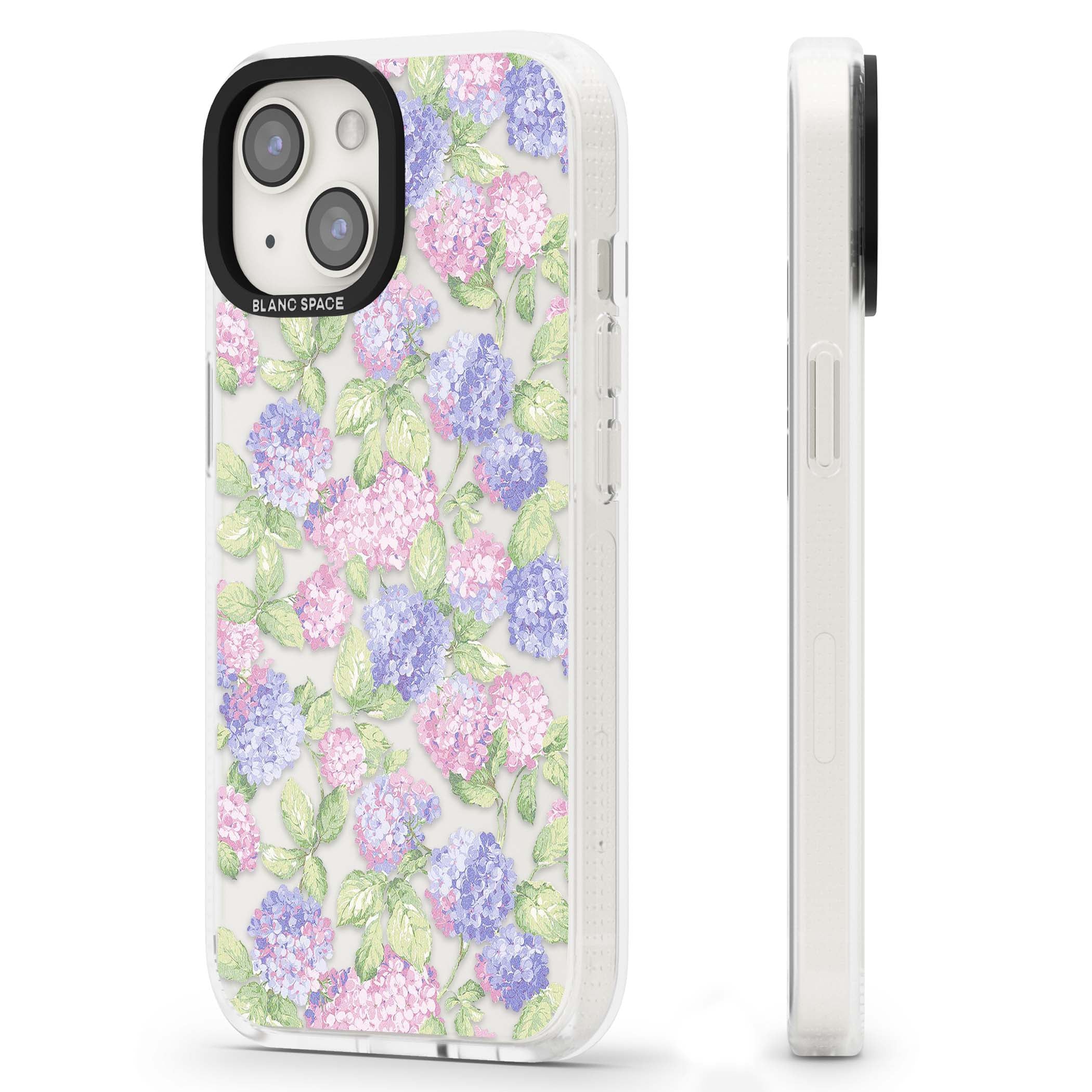 Cottage Hydrangea cottagecore iPhone case featuring pink and purple hydrangea blooms with green leaves on a clear background | Clear Case Impact Air case for iPhone 15, iPhone 15 Plus
