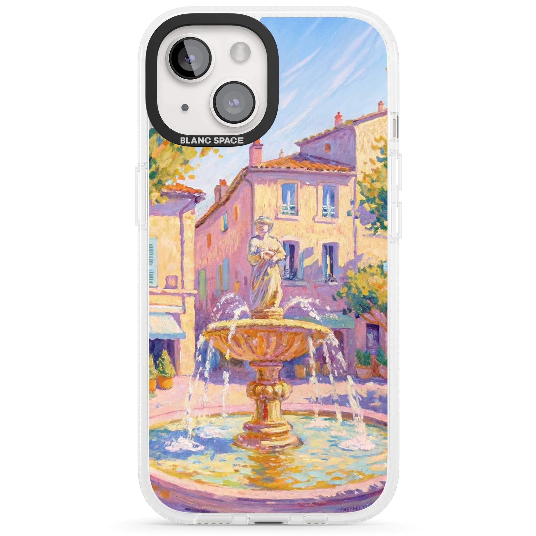 Fountain Square fine art iPhone case featuring an impressionist Provençal fountain, pastel village buildings and summe | Clear Case Impact Air case for iPhone 15, iPhone 15 Plus
