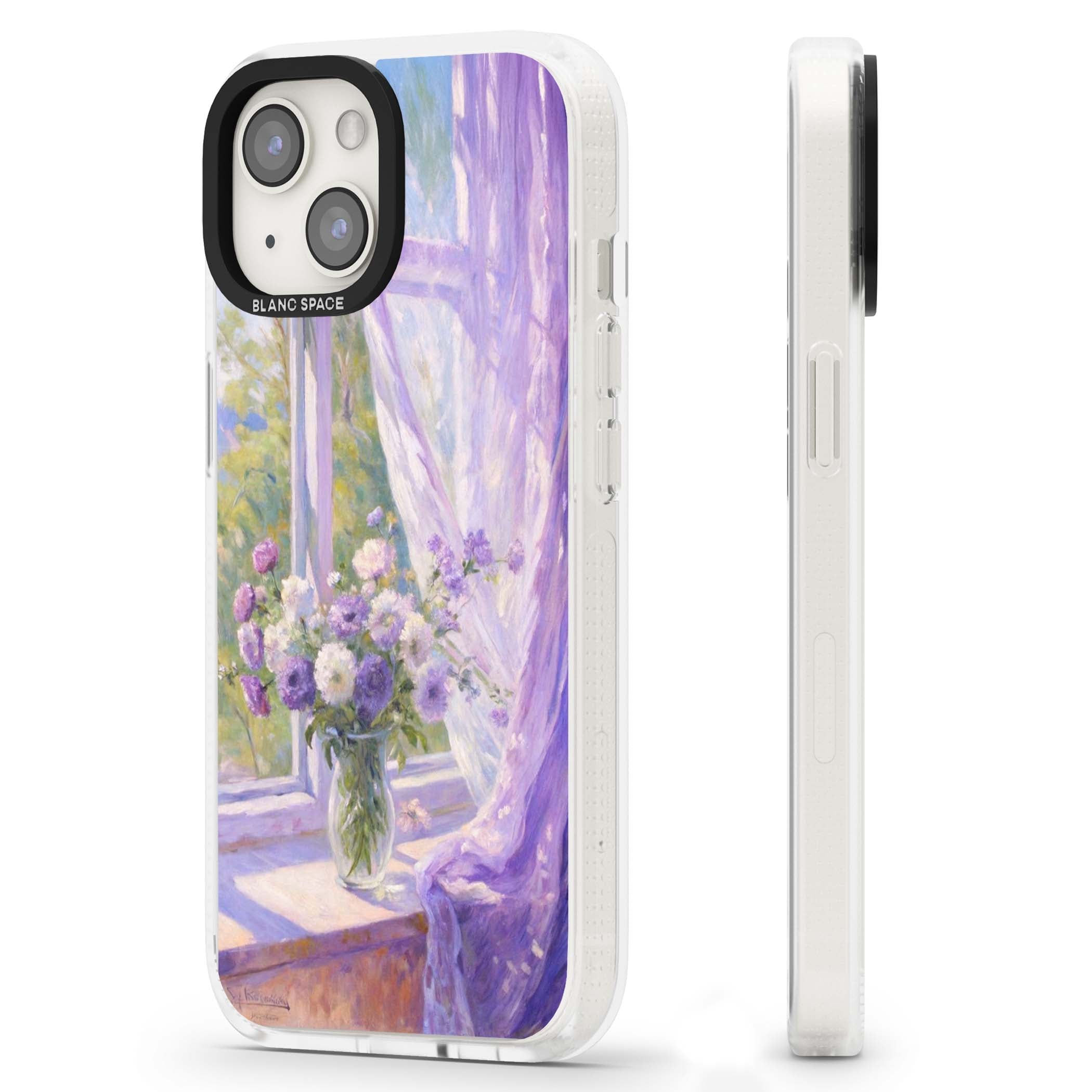 A Provence Morning impressionist art iPhone case featuring a vase of purple flowers, sunlit window and sheer curt | Clear Case Impact Air case for iPhone 15, iPhone 15 Plus
