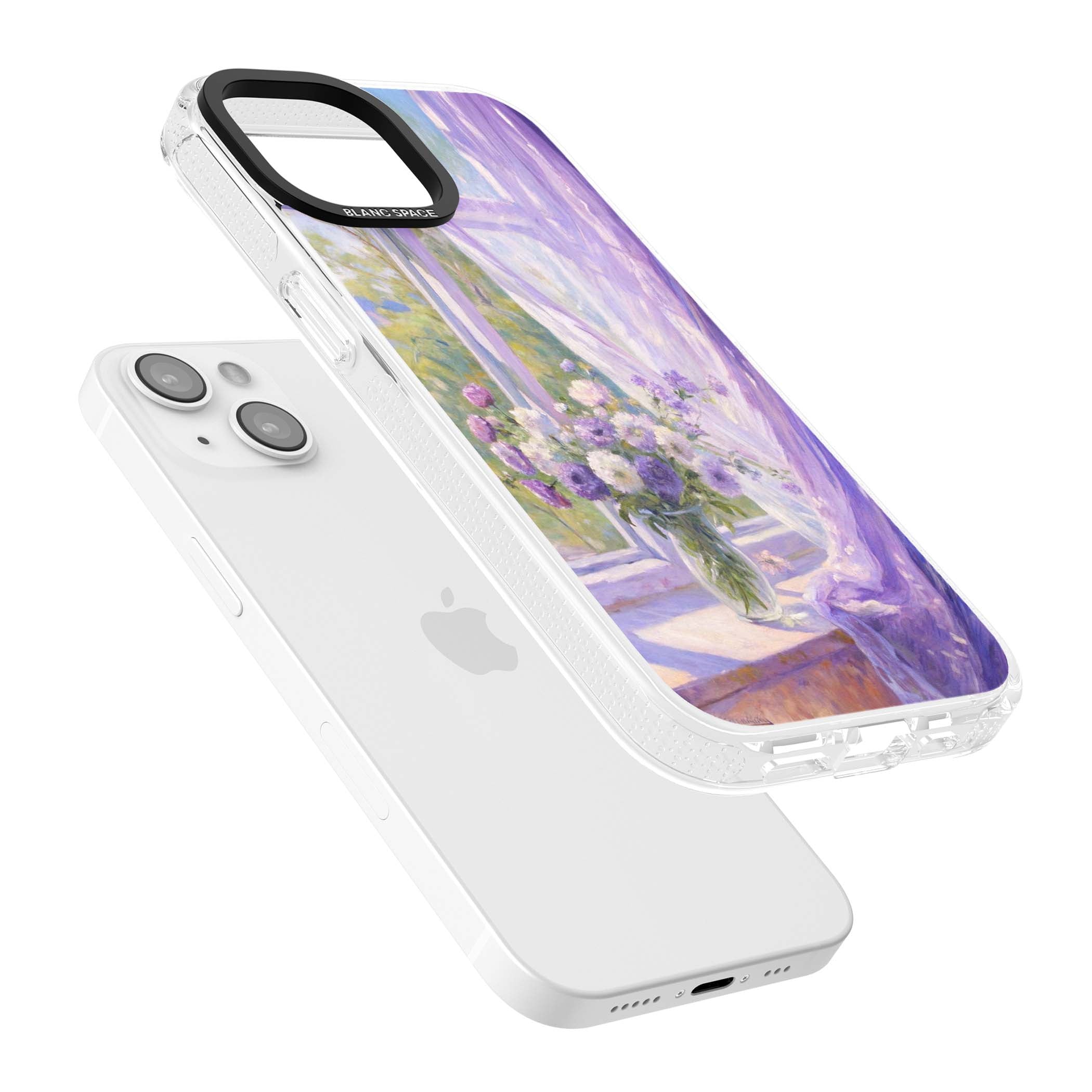 A Provence Morning impressionist art iPhone case featuring a vase of purple flowers, sunlit window and sheer curt | Clear Case Impact Air case for iPhone 15, iPhone 15 Plus