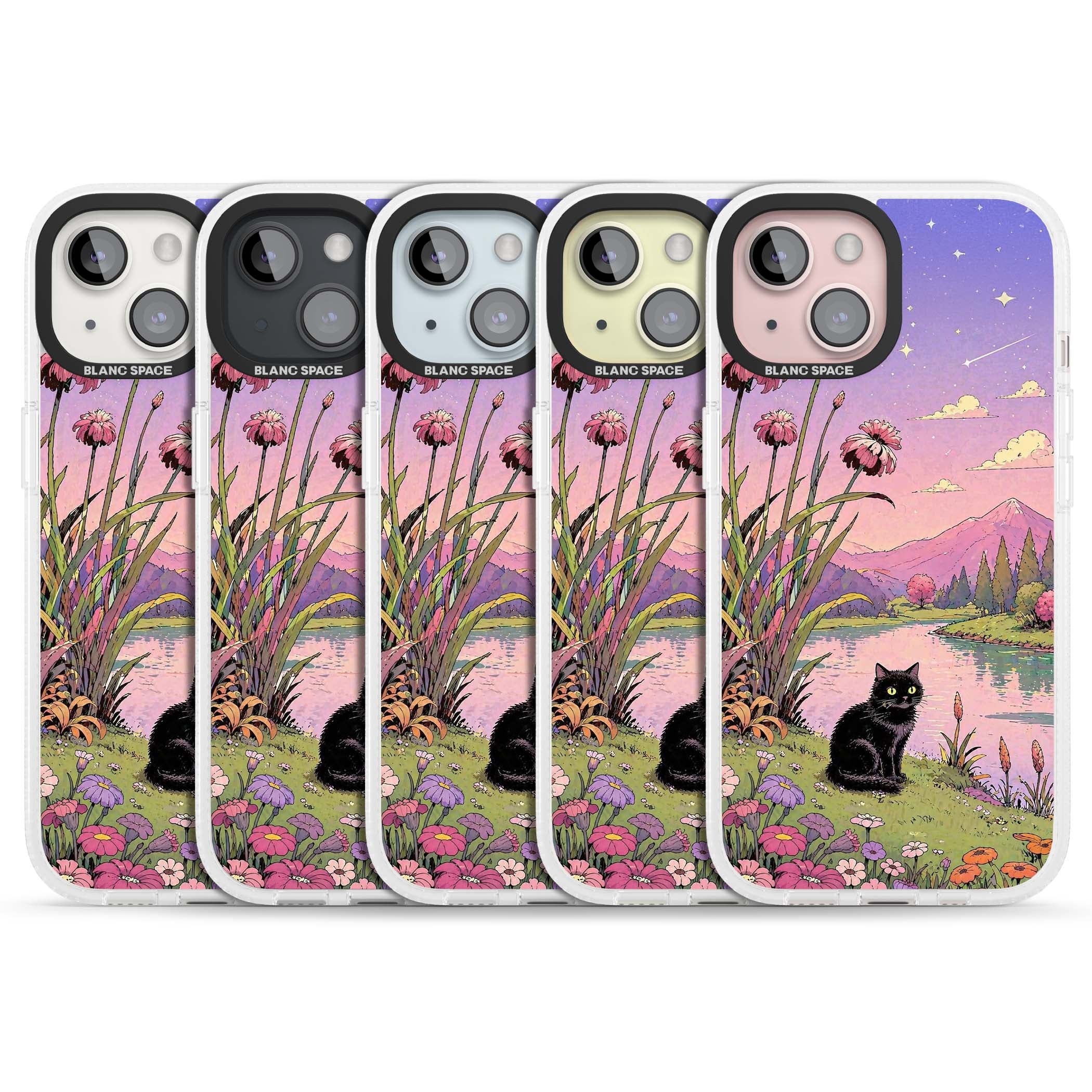 Mystic Whiskers ghibli iPhone case featuring a black cat by a pastel lake, wildflowers and a starry sunset sky | Clear Case Impact Air case for iPhone 15, iPhone 15 Plus